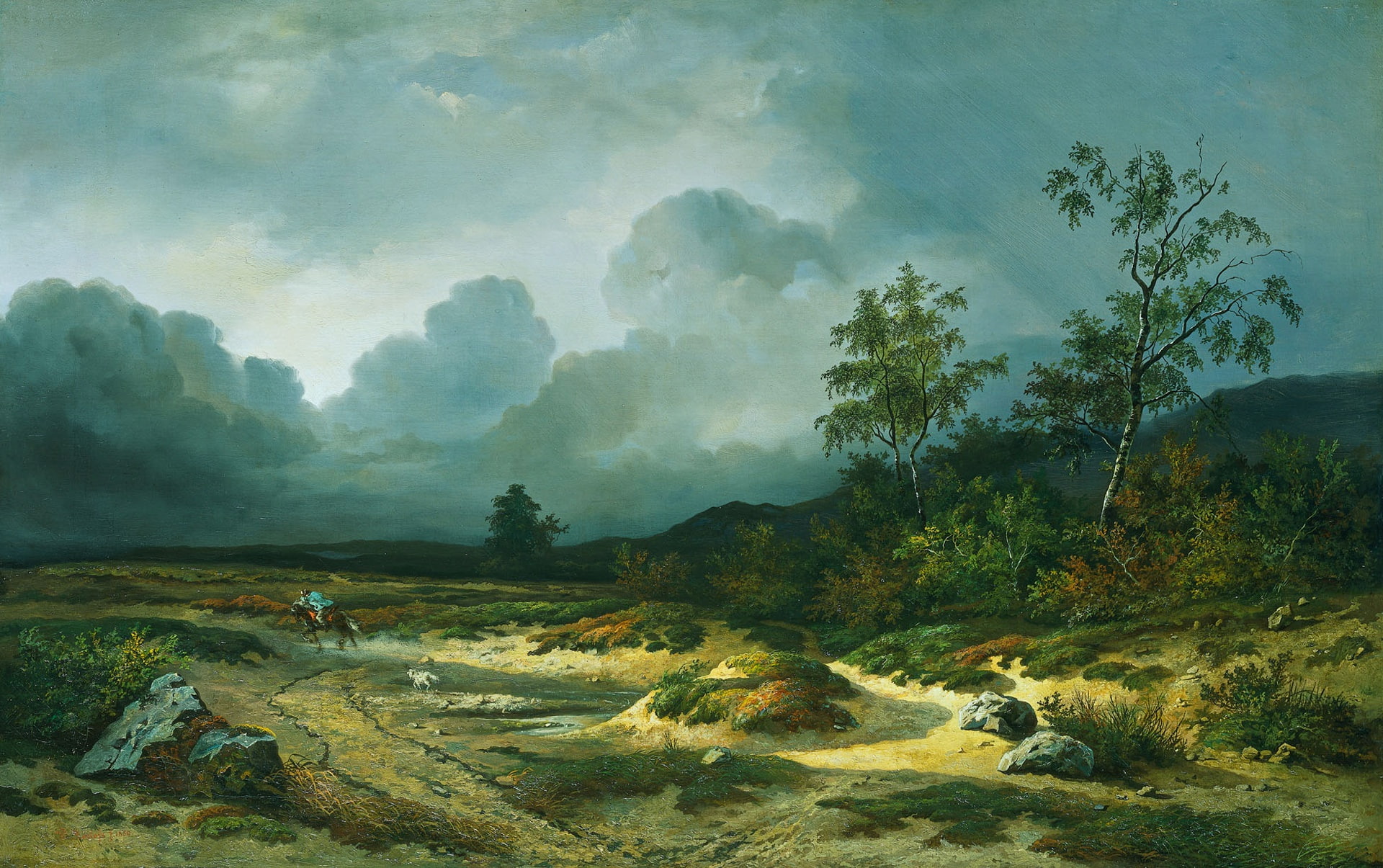canvas, oil, nature, picture, 1080P, Willem Roelofs, Landscape with Approaching Storm, HD Wallpaper