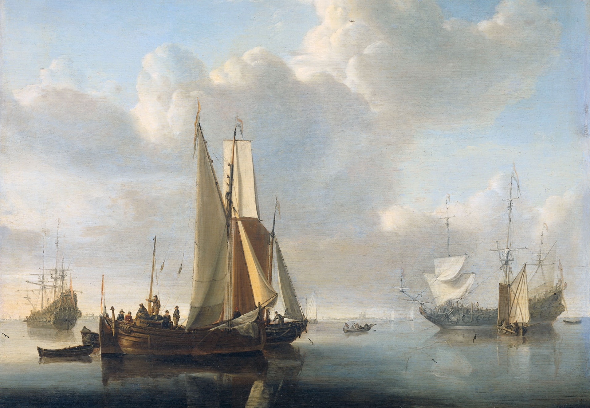 oil, tree, Willem van de Velde the Younger, Boats at the Shore, 1080P, sea, picture, sail, HD Wallpaper