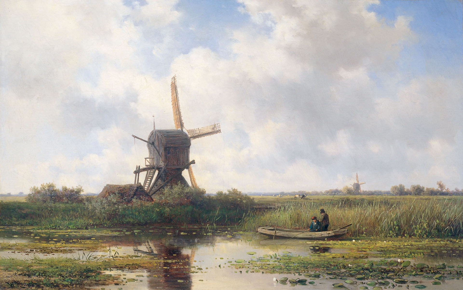 Abcoude is a village on the River Gein, Willem Roelofs, boat, 1080P, landscape, windmill, oil, picture, canvas, HD Wallpaper