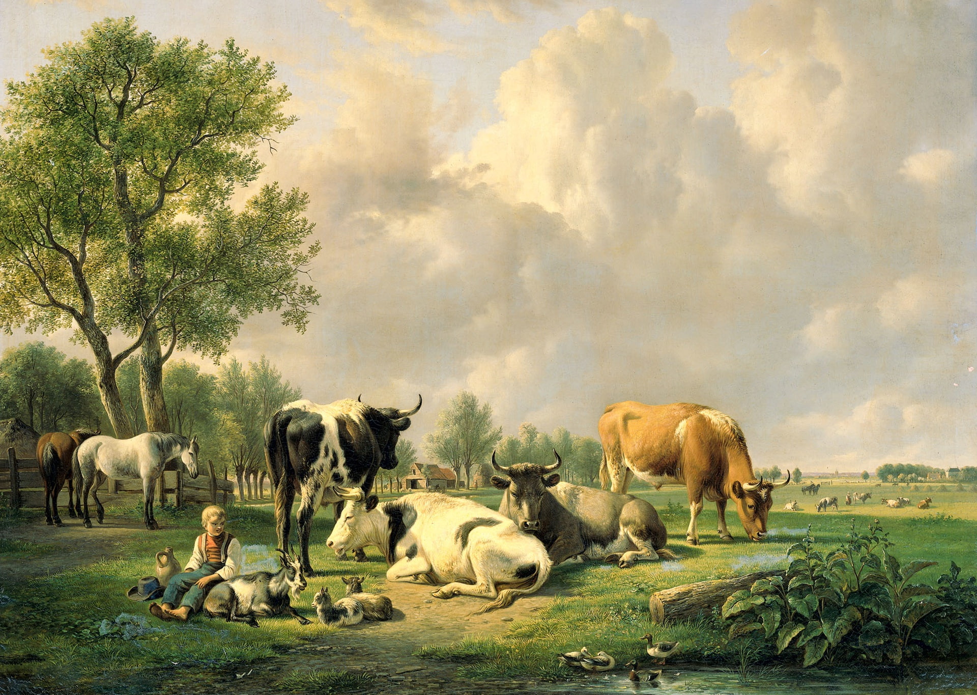 1080P, Jan van Ravenswaay, picture, Meadow with Cattle, oil, animals, canvas, HD Wallpaper