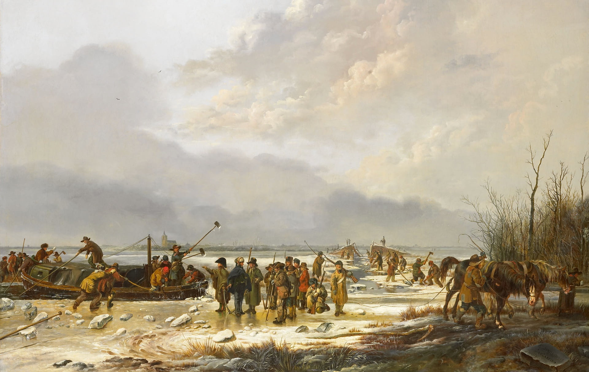 Frozen Karnemelksloot in Naarden, Pieter Gerardus van OS, canvas, picture, landscape, oil, 1080P, HD Wallpaper