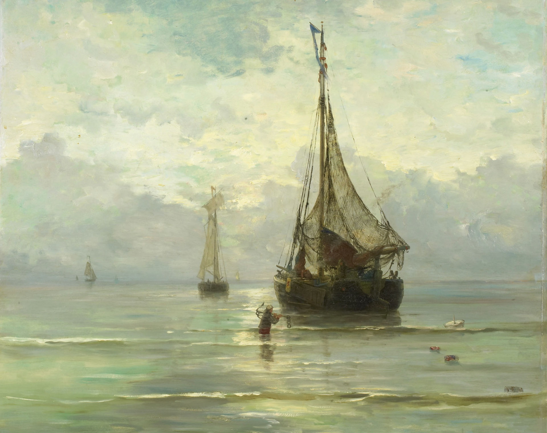 ship, boat, picture, Calm Sea, 1080P, sail, seascape, Hendrik Willem Mesdag, canvas, oil, HD Wallpaper