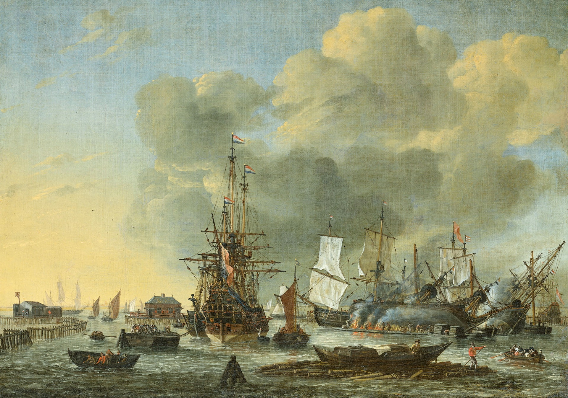 Reinier Nooms, 1080P, ship, The caulking of the Vessel in Amsterdam, canvas, picture, sail, oil, HD Wallpaper