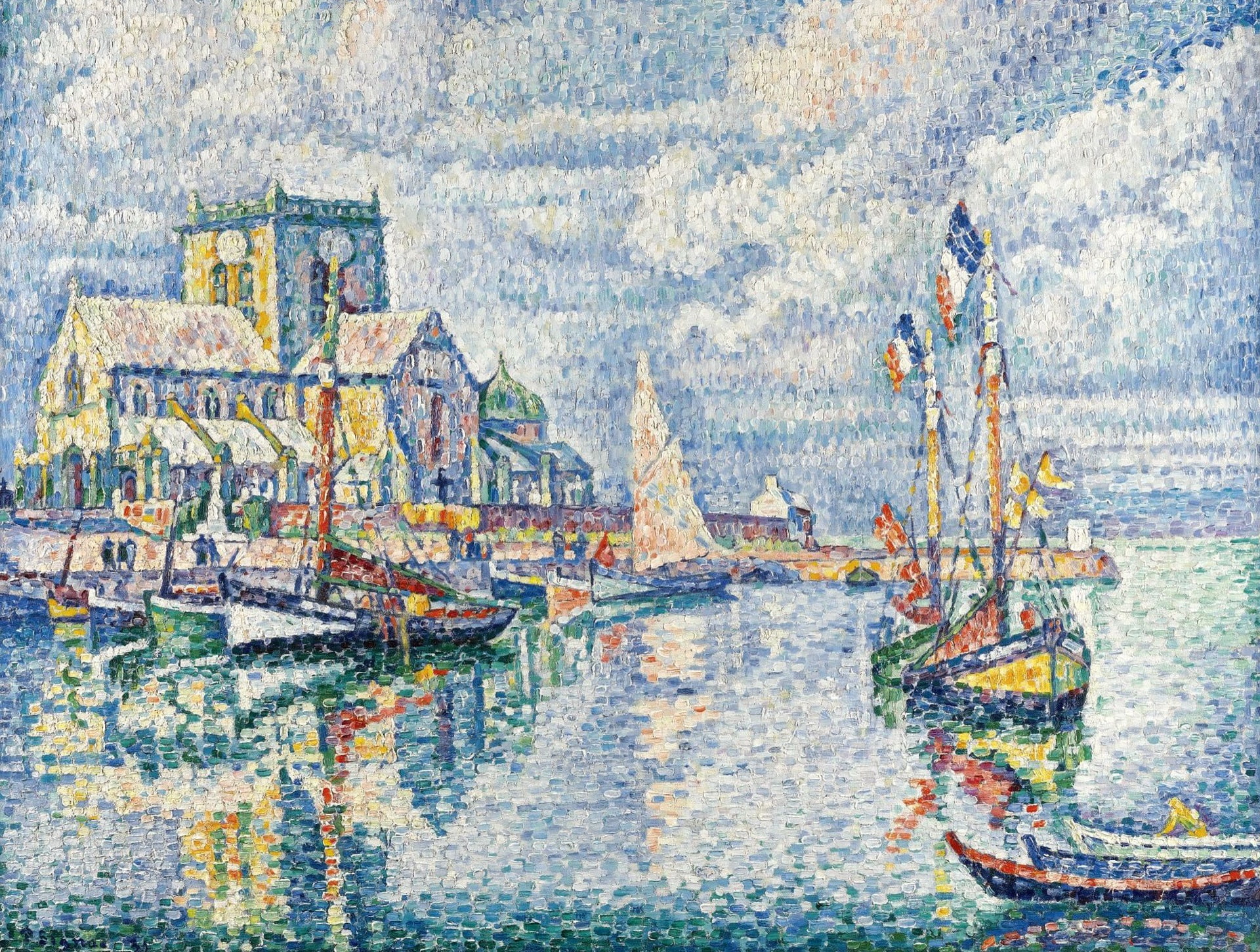 1080P, Paul Signac, house, sail, picture, seascape, ship, pointillism, The barfleur, HD Wallpaper