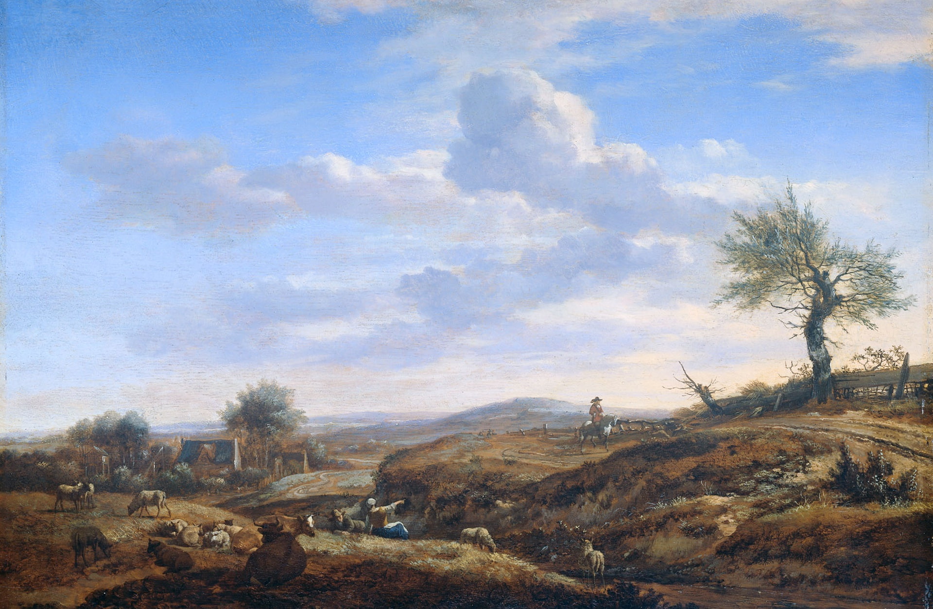 Adriaen van de Velde, oil, picture, Hilly Landscape with a Great way, tree, 1080P, HD Wallpaper