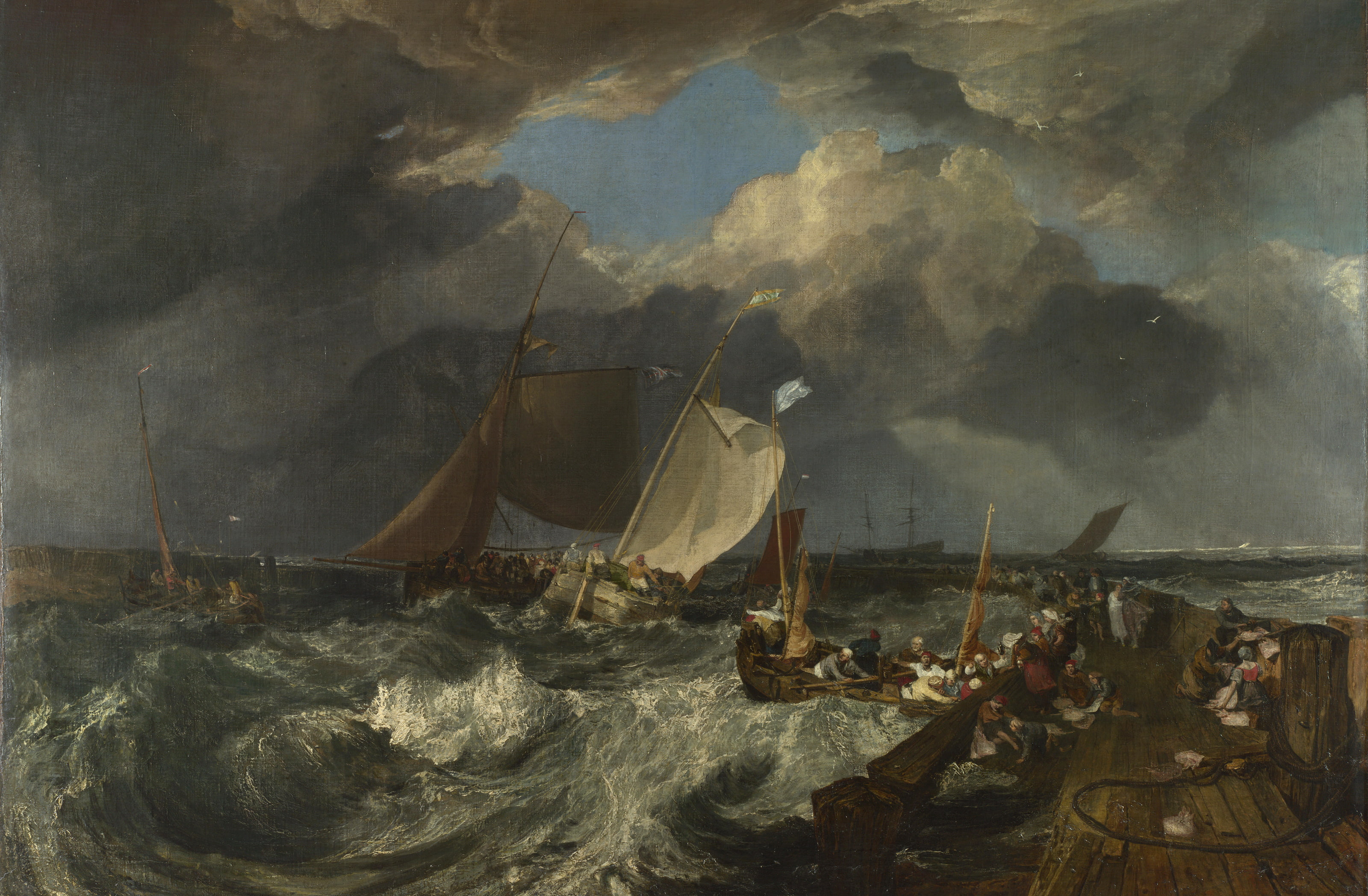storm, the sky, sea, sail, 2K, people, ship, seascape, boat, Pier in Calais, William Turner, clouds, picture, HD Wallpaper