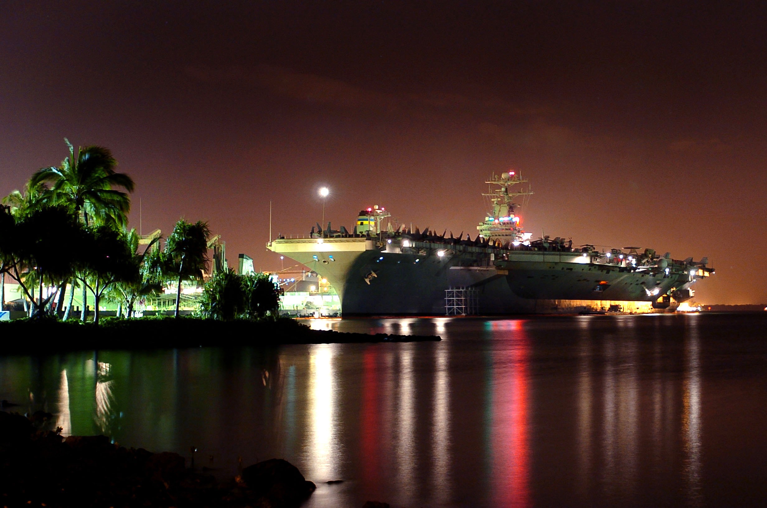 harbor, reflection, illuminated, military, navy, gray, waterfront, bay, seashore, ship, no people, lights, clouds, outdoors, beside, shipping, architecture, HD Wallpaper
