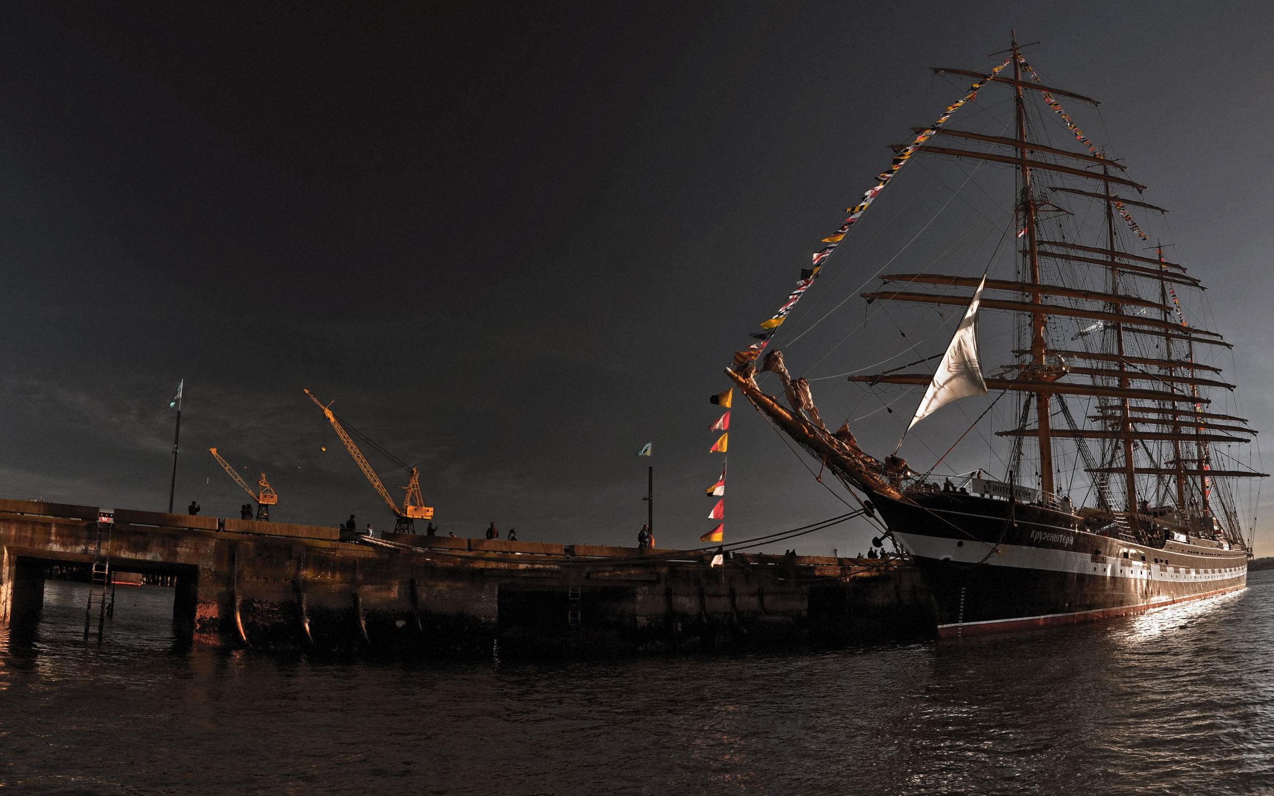sailboat, tall ship, outdoors, architecture, sky, water, mode of transportation, nautical vessel, no people, sea, ship, anchored, pole, 2K, mast, night, HD Wallpaper
