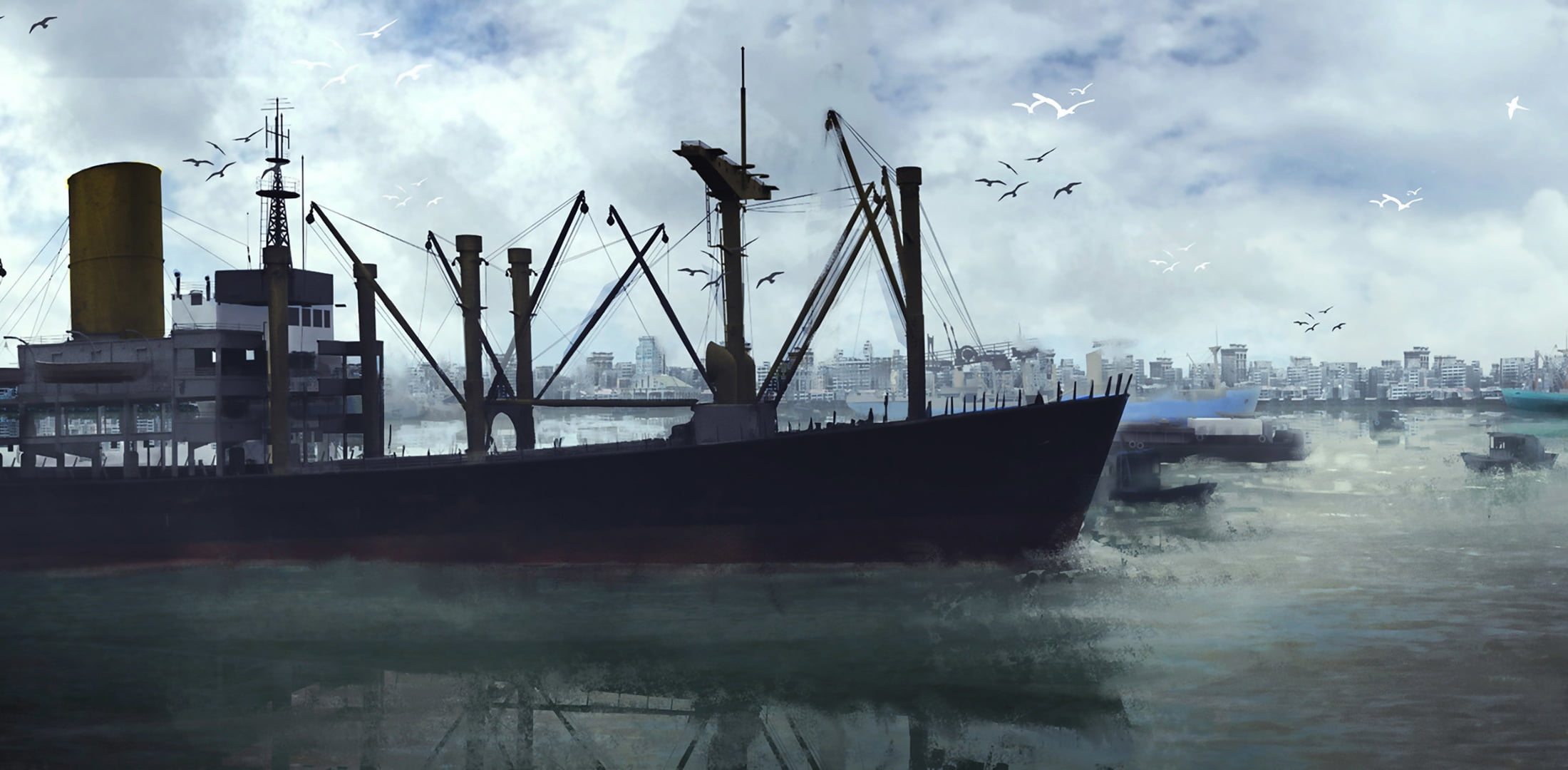 anchored, architecture, harbor, nature, cloud - sky, 1080P, no people, shipping, transportation, fishing industry, ship, sky, sailboat, ports, artwork, HD Wallpaper