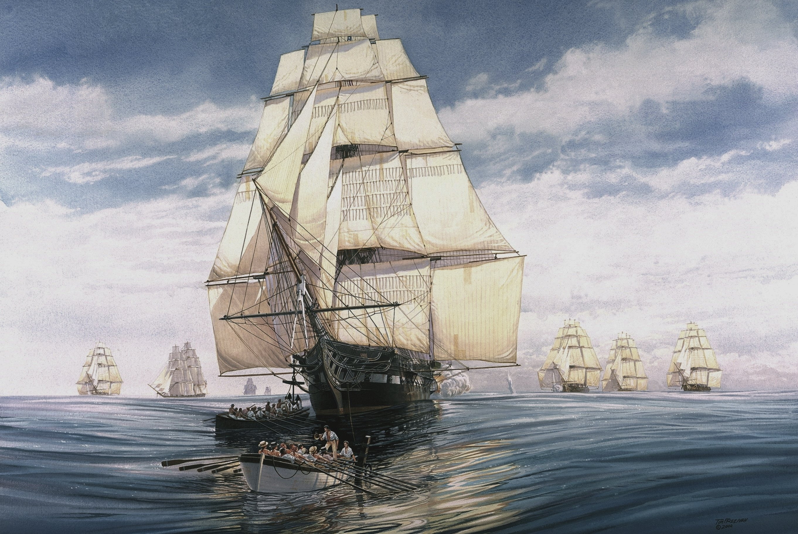 ship, sails, mainmast, Figure, 2K, bowsprit, frigate, water, people, sea, sky, boat, mizzen mast, sailing, HD Wallpaper