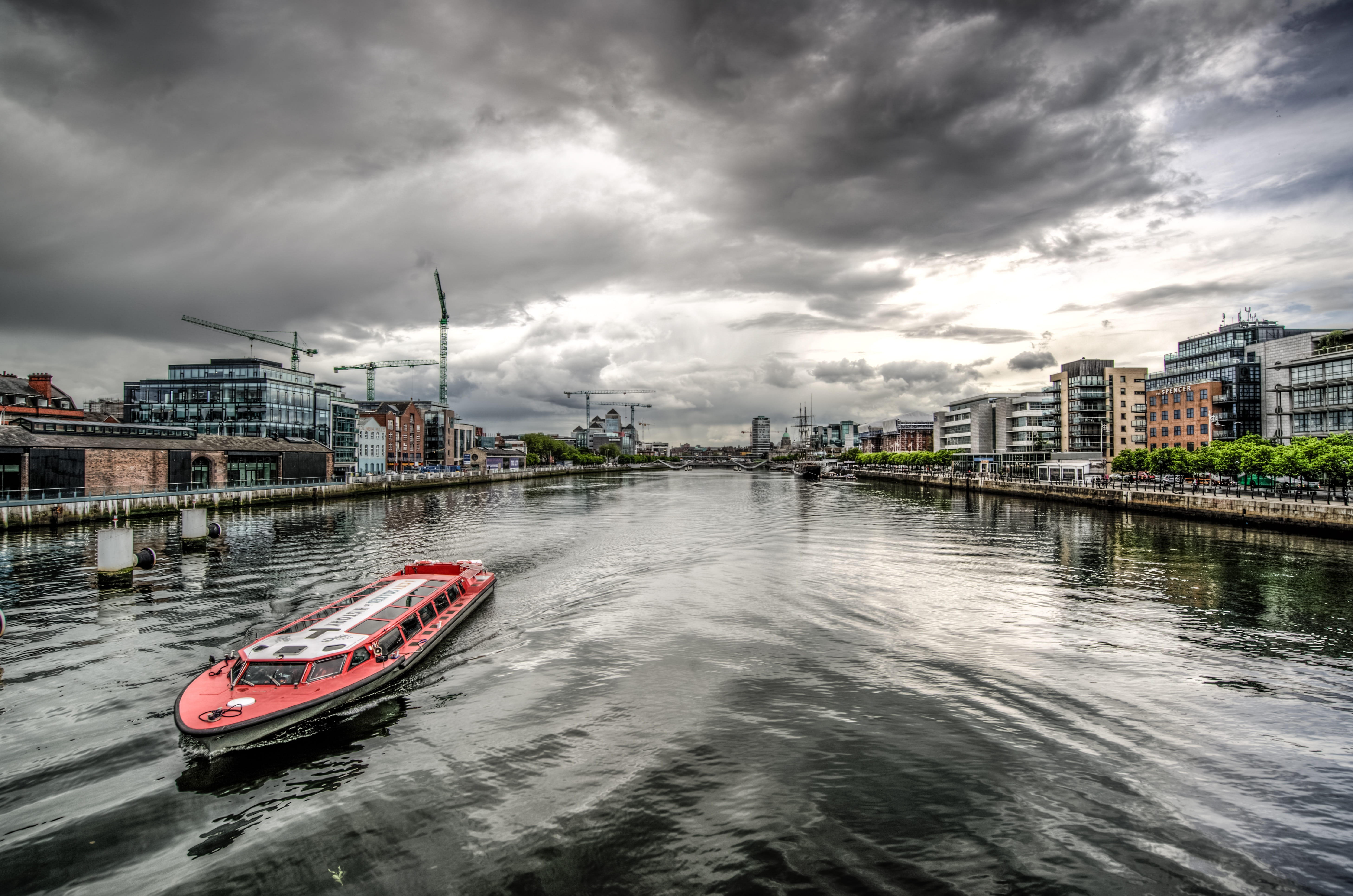 Ireland, harbor, white, tourism, built Structure, boat, cloud - Sky, river, outdoors, storm, transportation, england, travel Destinations, River, passenger craft, HD Wallpaper