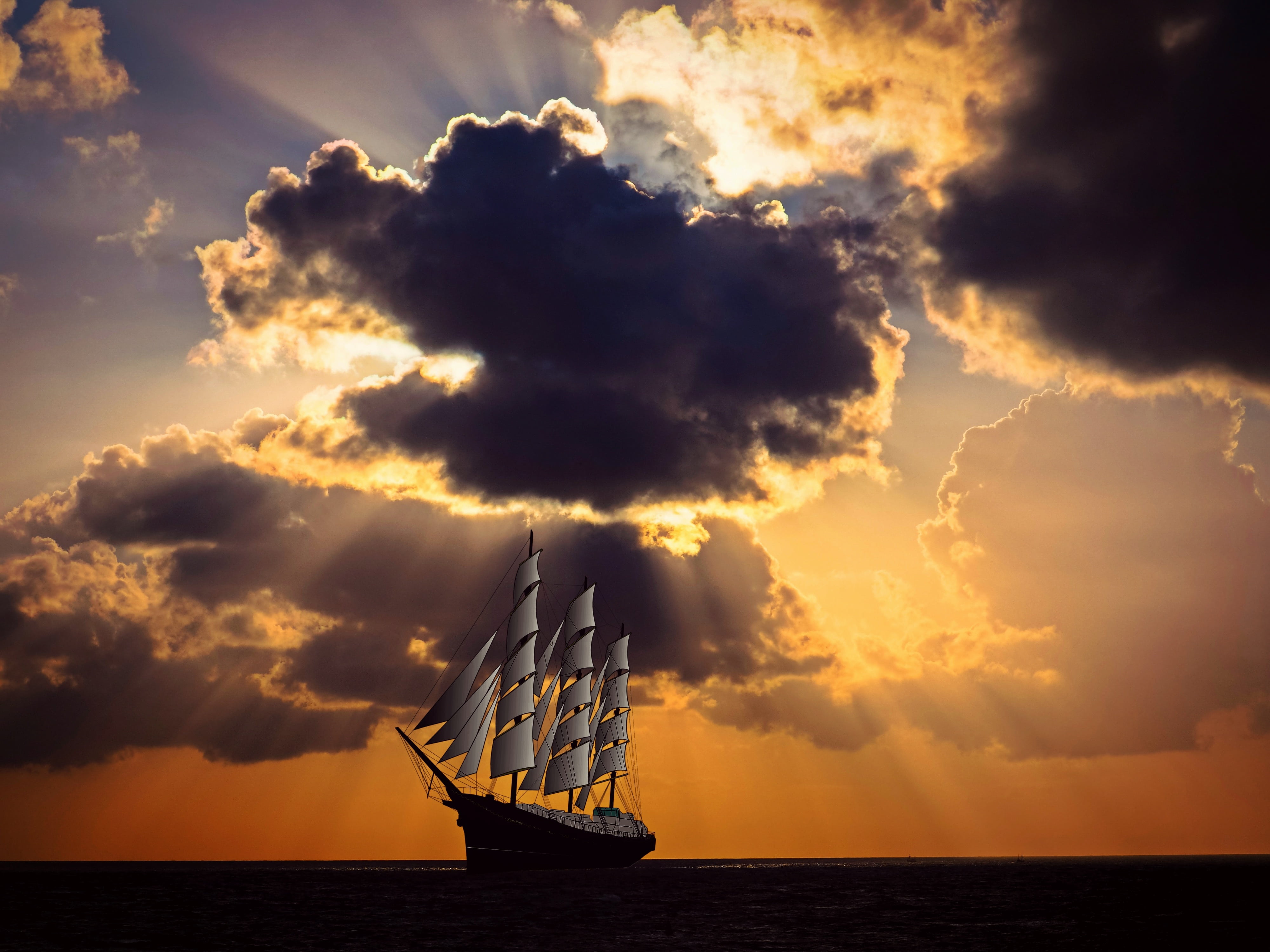 three masted, sailing ship, no people, clouds, outdoors, longing, silhouette, dom, sailing, sailing vessel, galleon, beauty in nature, mood, maritime, transportation, HD Wallpaper