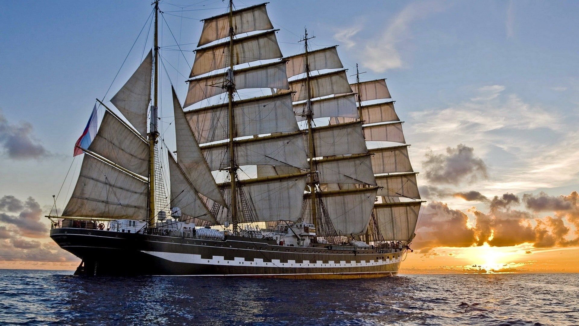 beauty in nature, mast, no people, sailing ship, water, sky, Kruzenshtern, transportation, sunset, mode of transportation, outdoors, sailboat, cloud - sky, HD Wallpaper