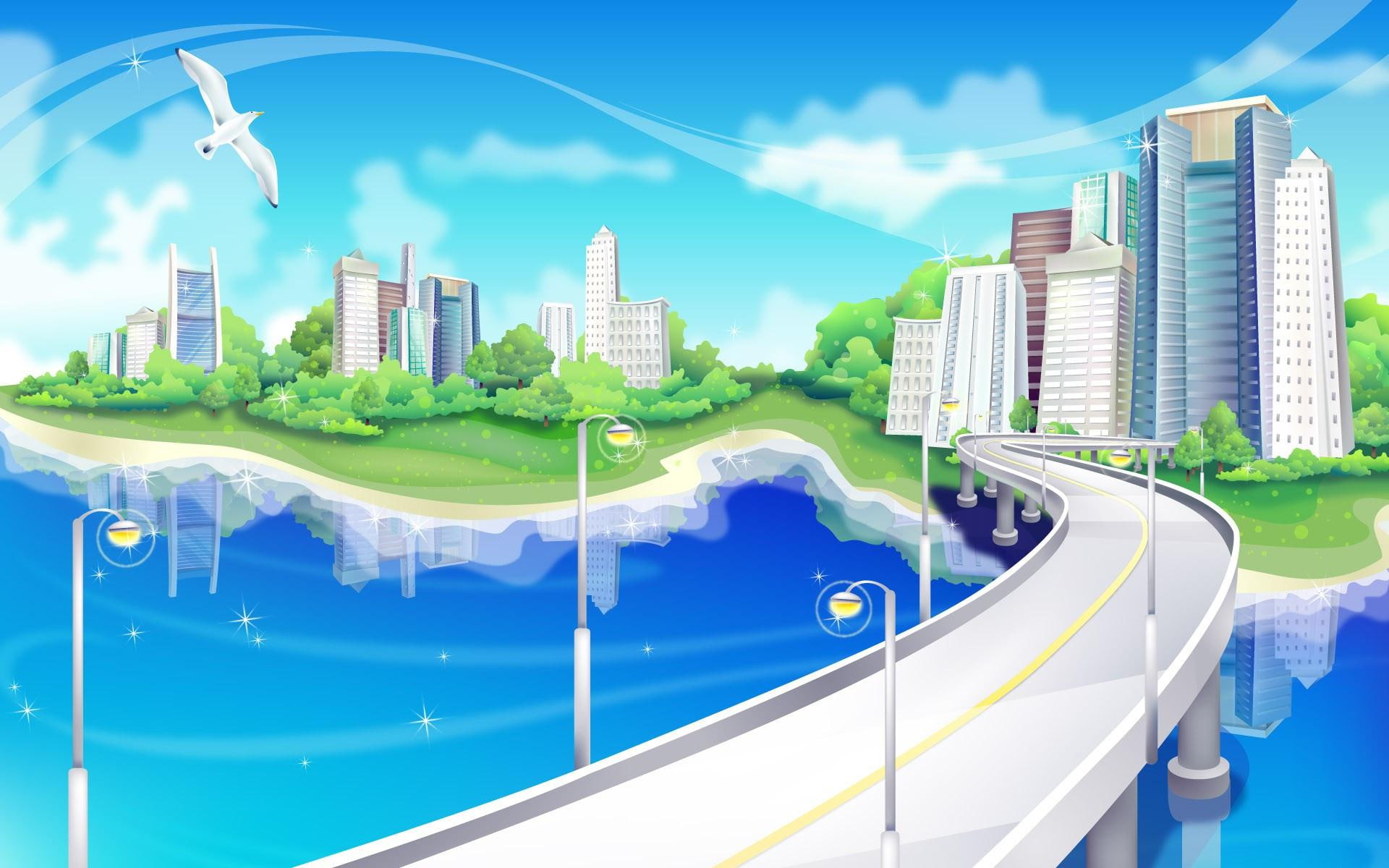 rise, 1920x1200, 1080P, illustration, bird, city, digital art, high, bridge, riverside, river, building, HD Wallpaper