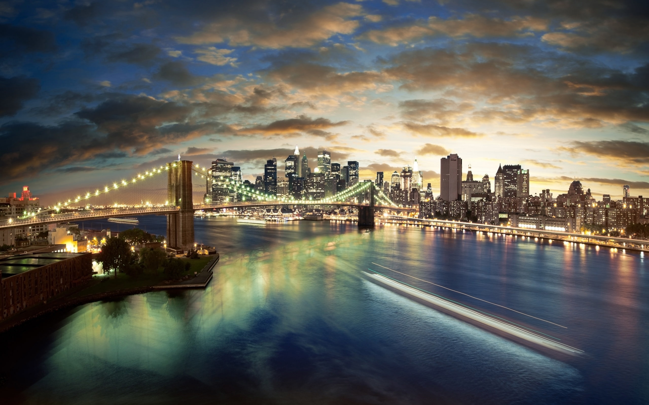 Bridge, Lights, high, City, Buildings, rise, View, River, Beautiful, 2K, Night, HD Wallpaper
