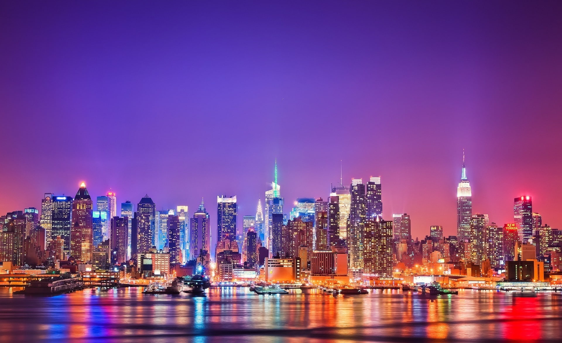 illuminated, landscape, 1080P, tall - high, financial district, sky, City, building exterior, buildings, Colorful, Beautiful, Skyline, downtown district, HD Wallpaper