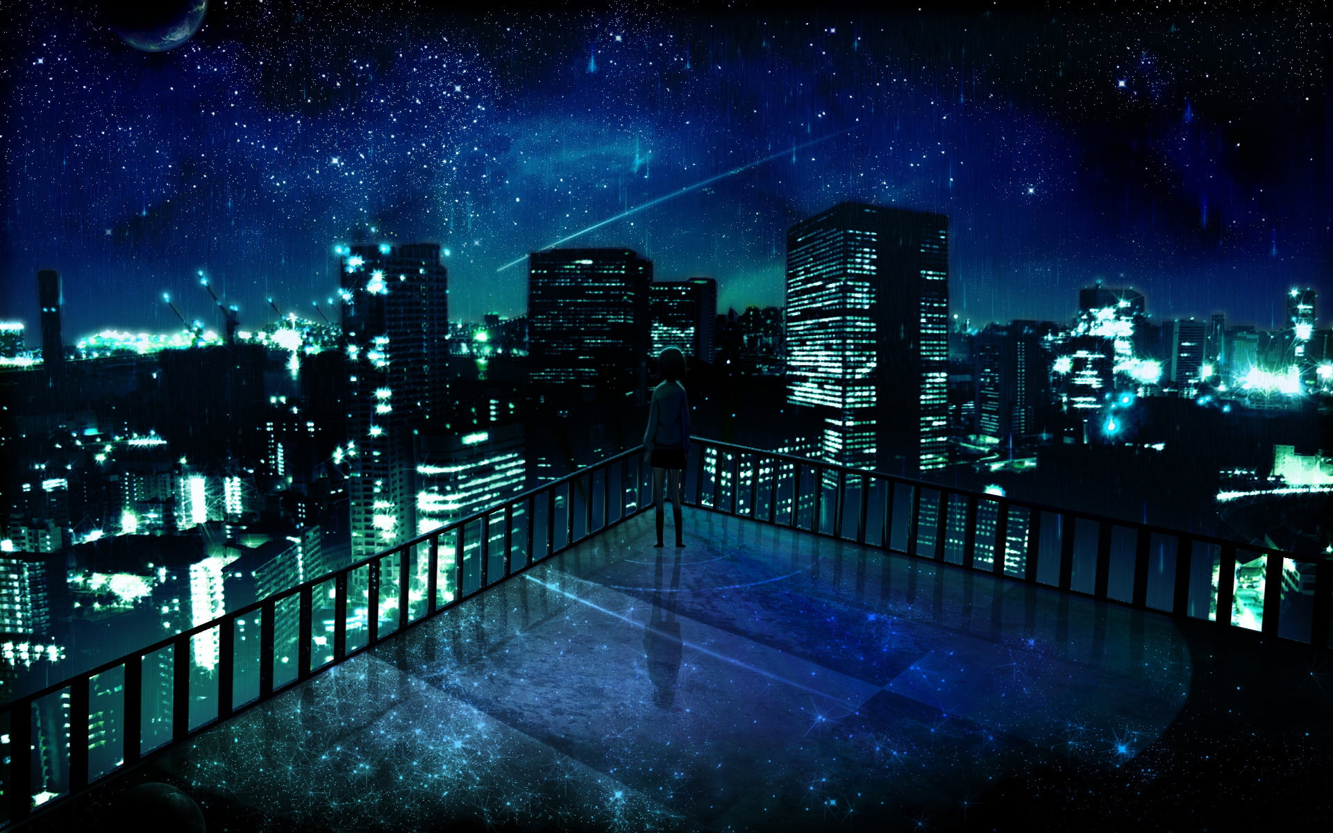 financial district, office, buildings, stars, illuminated, railing, skyline, anime girls, built structure, blue, building, outdoors, office building exterior, HD Wallpaper