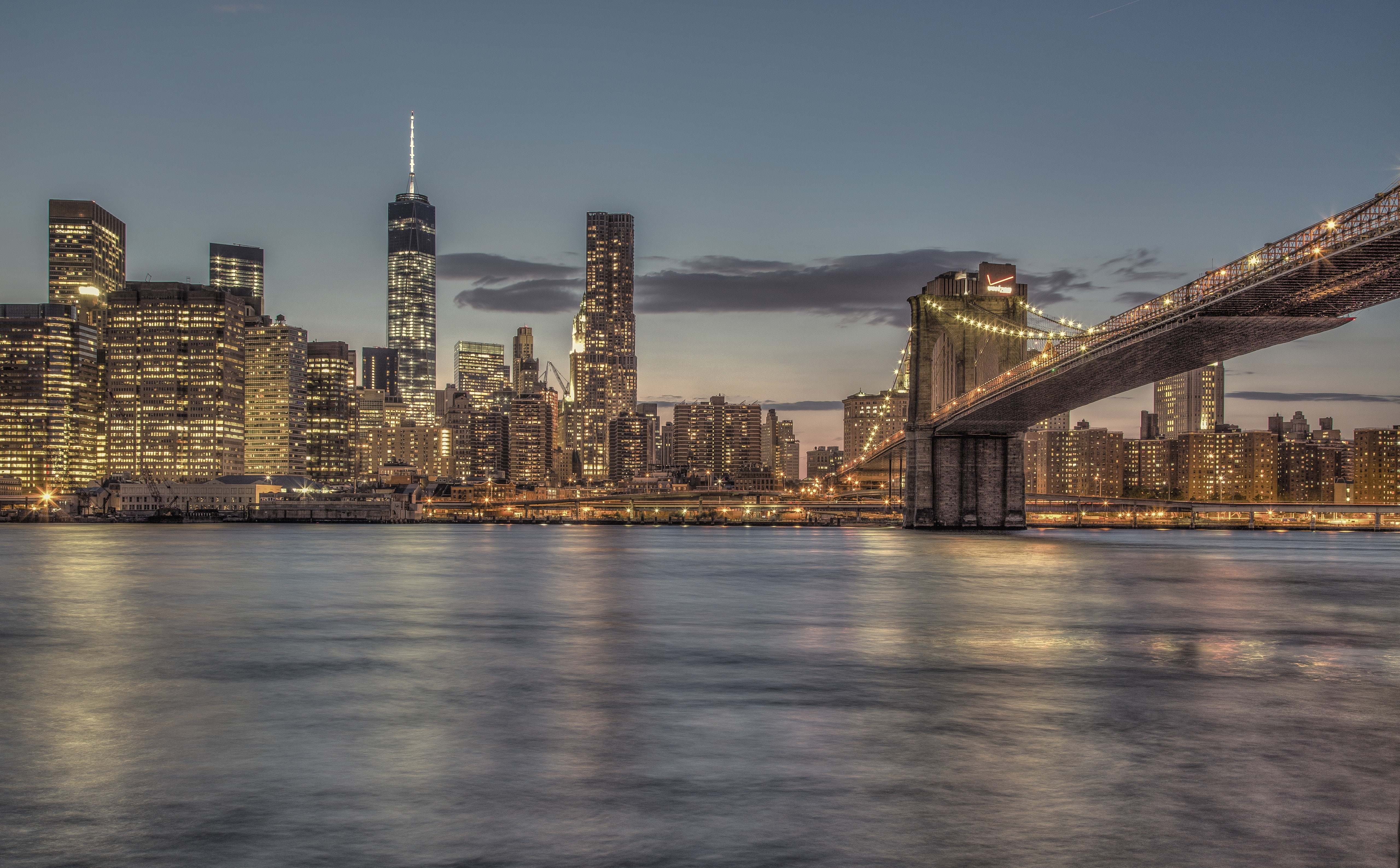 longexposure, modern, America, travel destinations, Skyline, no people, sky, Buildings, waterfront, building, water, illuminated, york, nature, unitedstates, HD Wallpaper