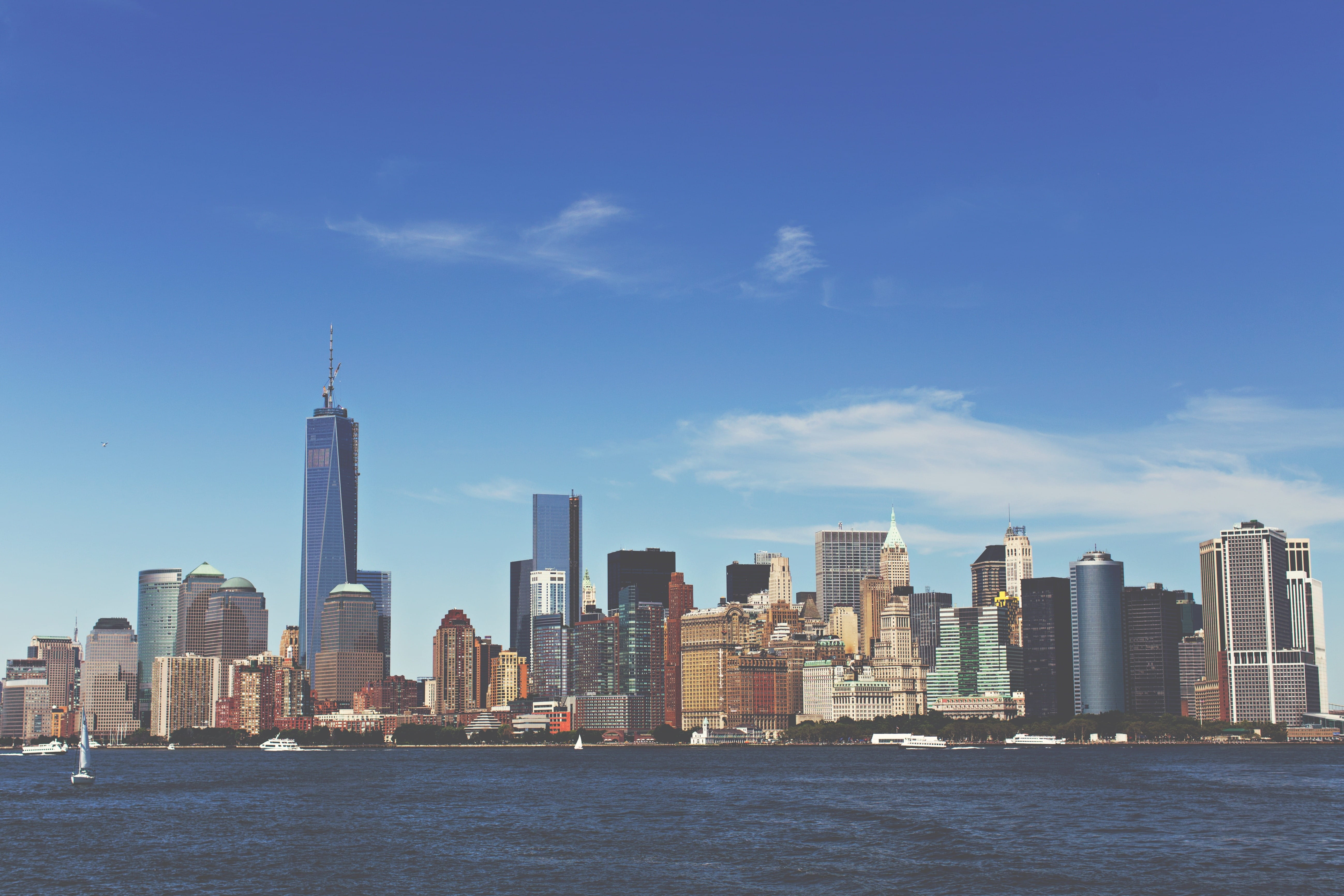 5K, skyscrapers, tall - high, building Exterior, world Trade Center - Manhattan, blue, cityscape, beside, lower Manhattan, travel Locations, freedom Tower - New York, HD Wallpaper