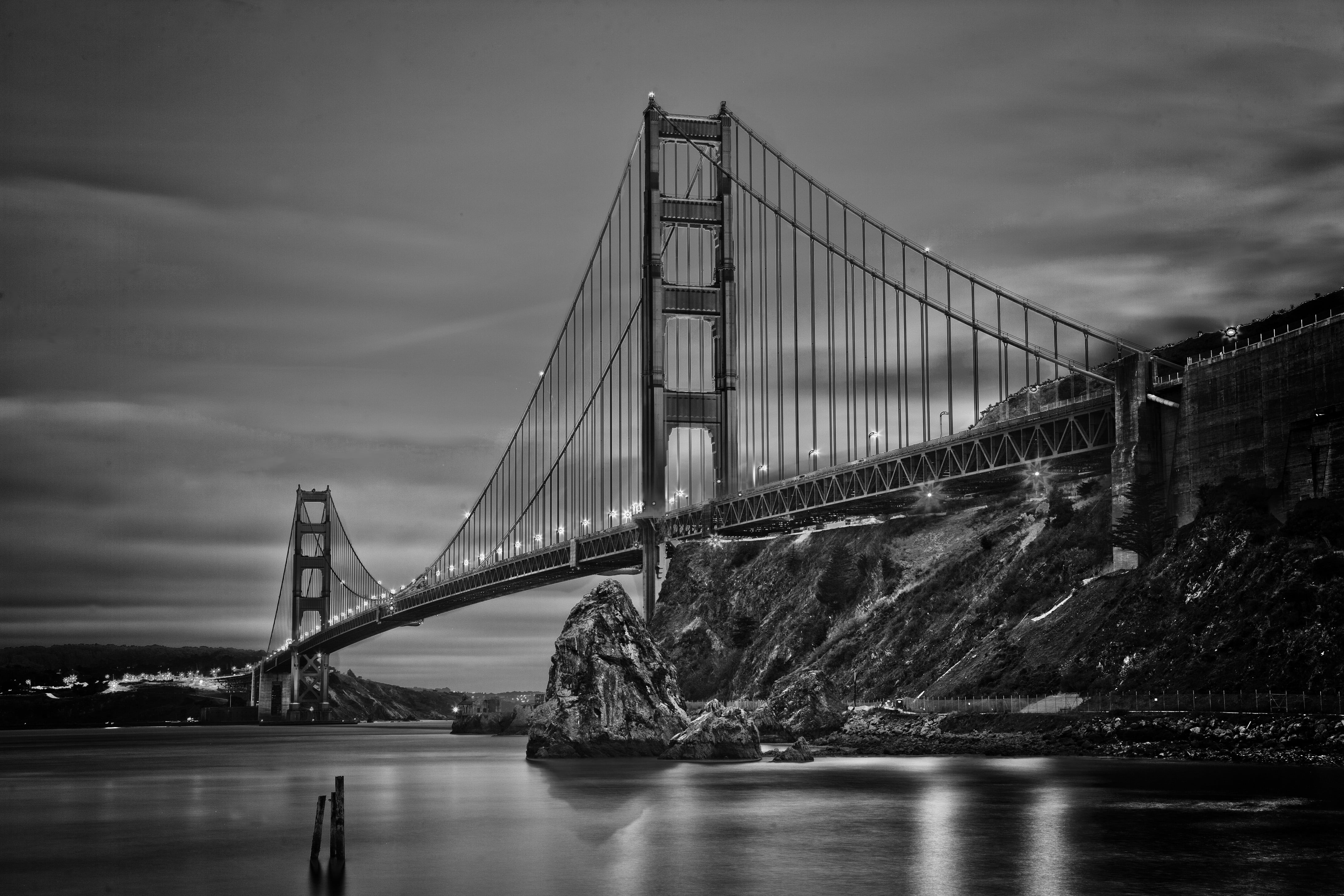 uSA, canon, gate, golden, famous Place, architecture, california, Golden Gate Bridge, bridge - Man Made Structure, hdr, bridge, 4K, grayscale, Evening, HD Wallpaper