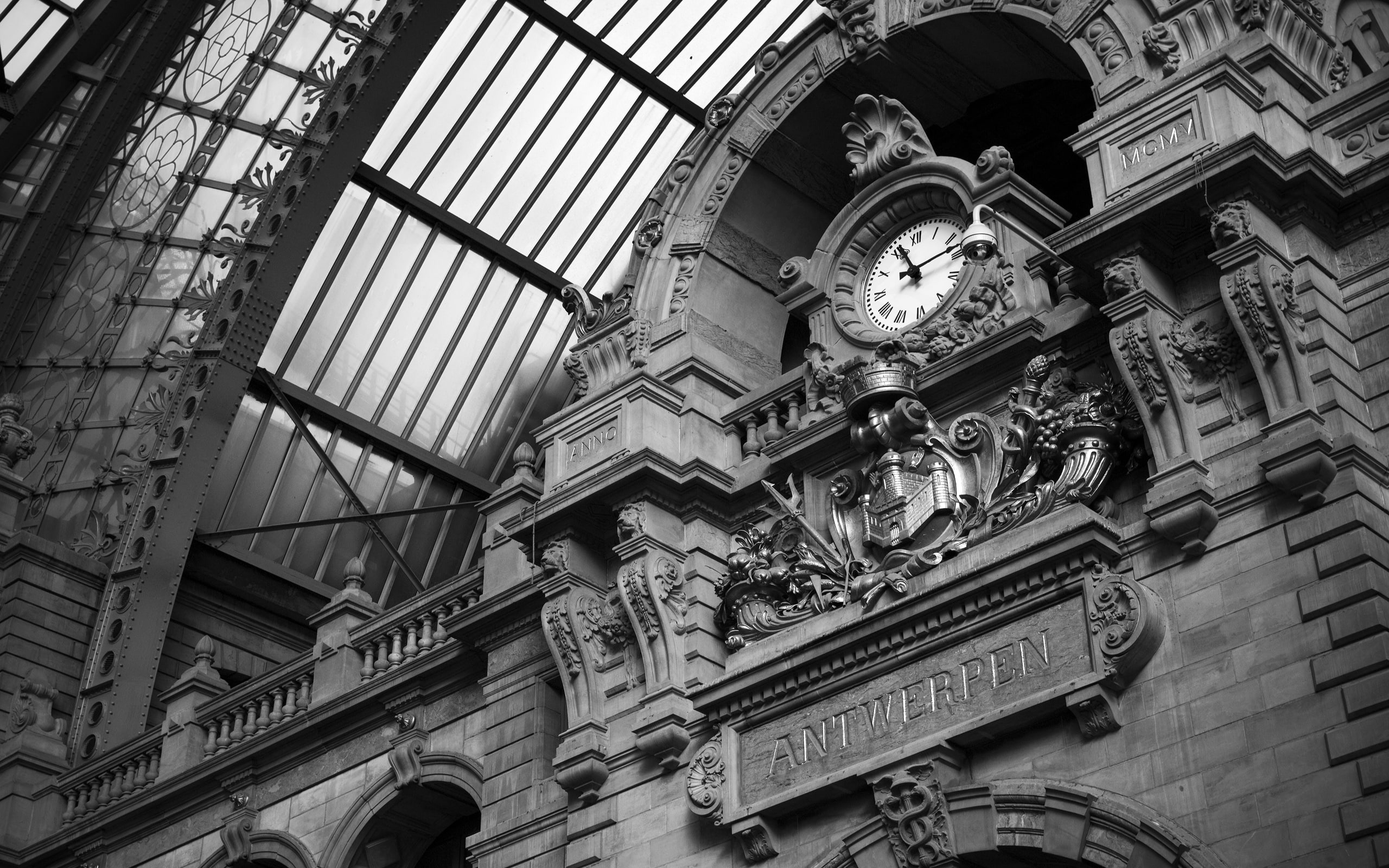 blackandwhite, station, grey, architecture, central, antwerpcentralstation, photography, antwerp, belgium, 2K, HD Wallpaper