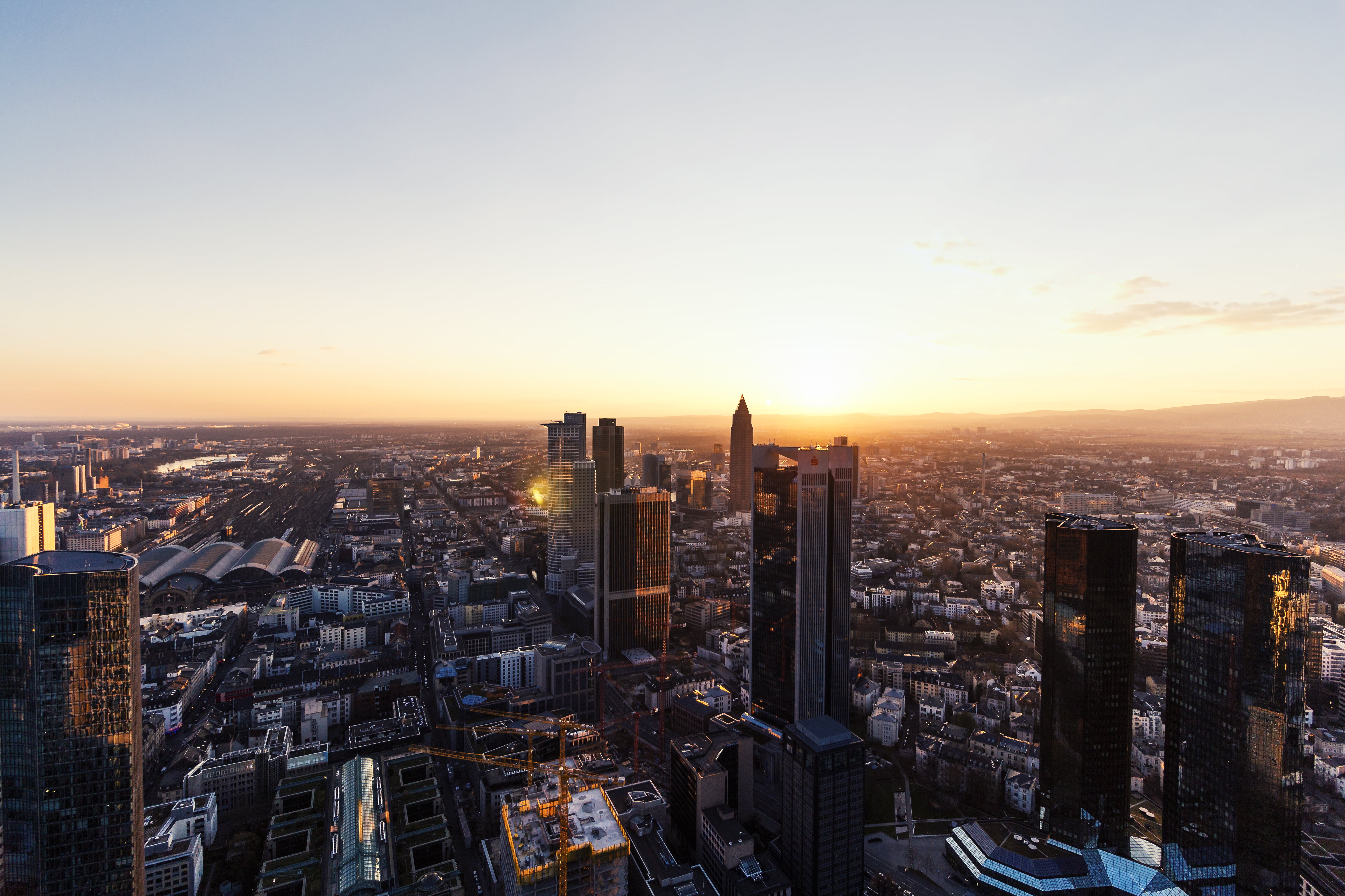 office Building, skyscraper, dusk, lensflare, 4K, photography, flare, germany, building Exterior, urban Skyline, city, built Structure, tower, urban Scene, HD Wallpaper