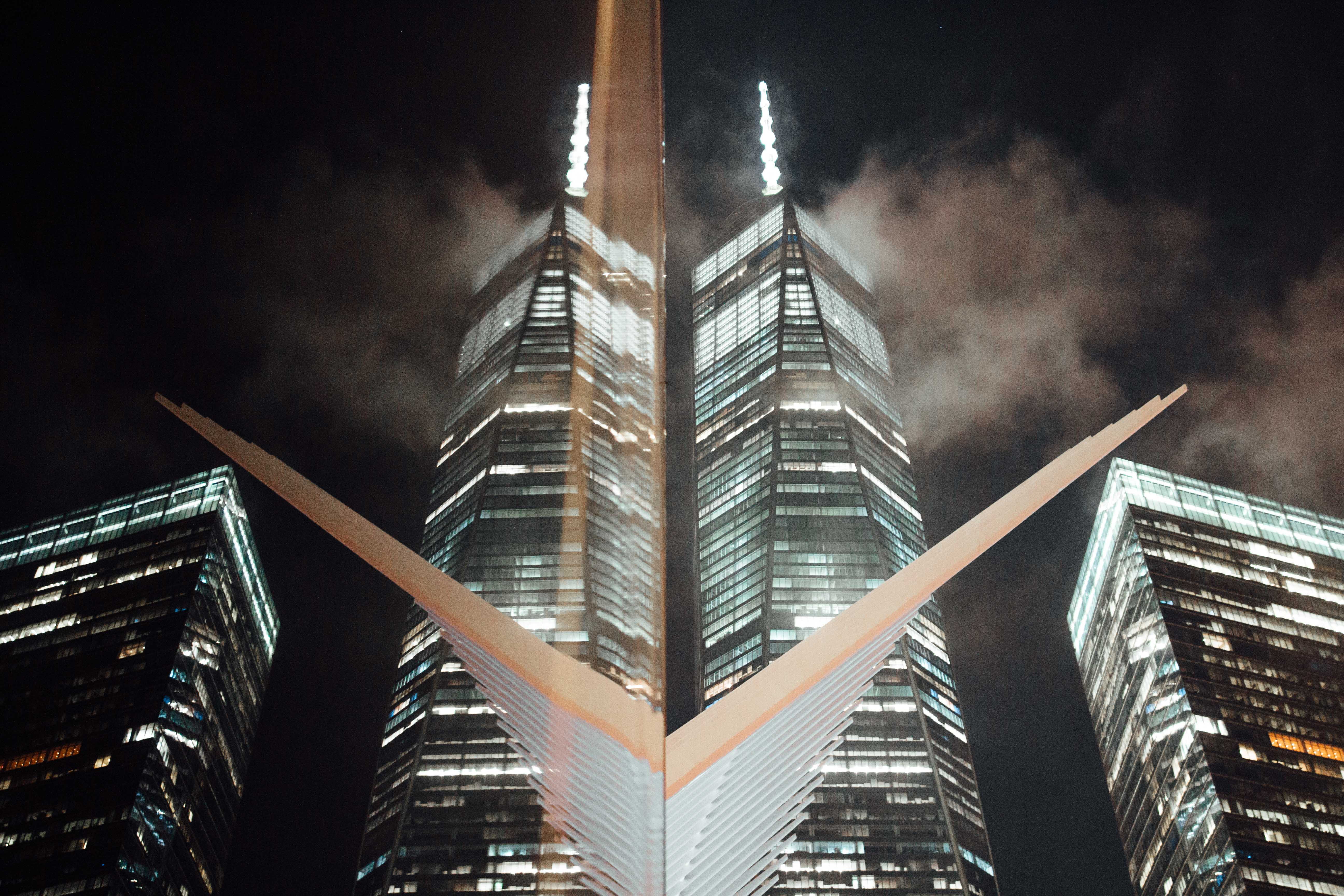 modern, nyc, no people, oculus, building, manhattan, dark, downtown, financial district, cloud - sky, tower, nature, mood, light, lights, night, 5K, built structure, HD Wallpaper