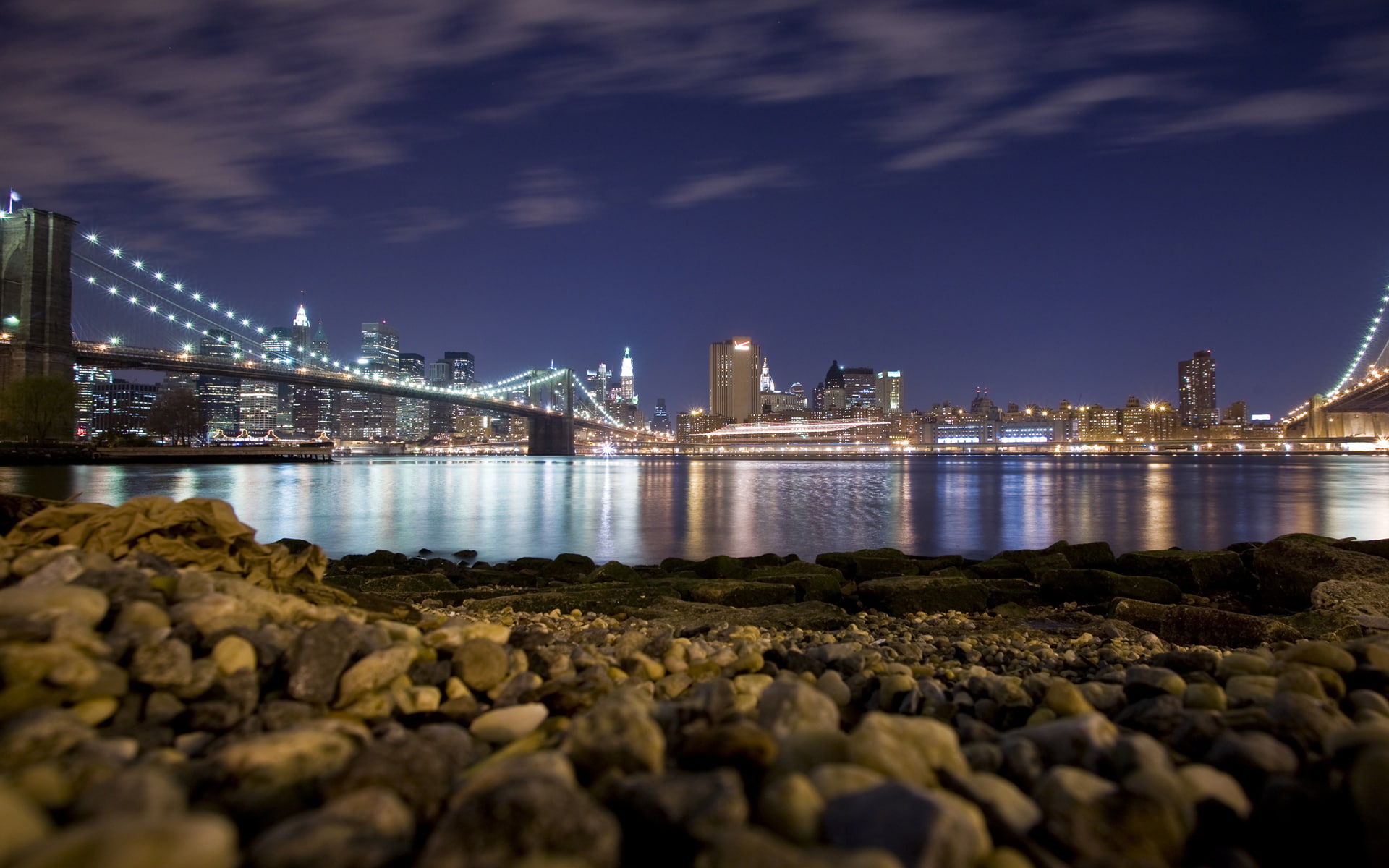 photography, skyscraper, no people, city, bridge - man made structure, transportation, building exterior, architecture, night, reflections, lights, skyline, HD Wallpaper