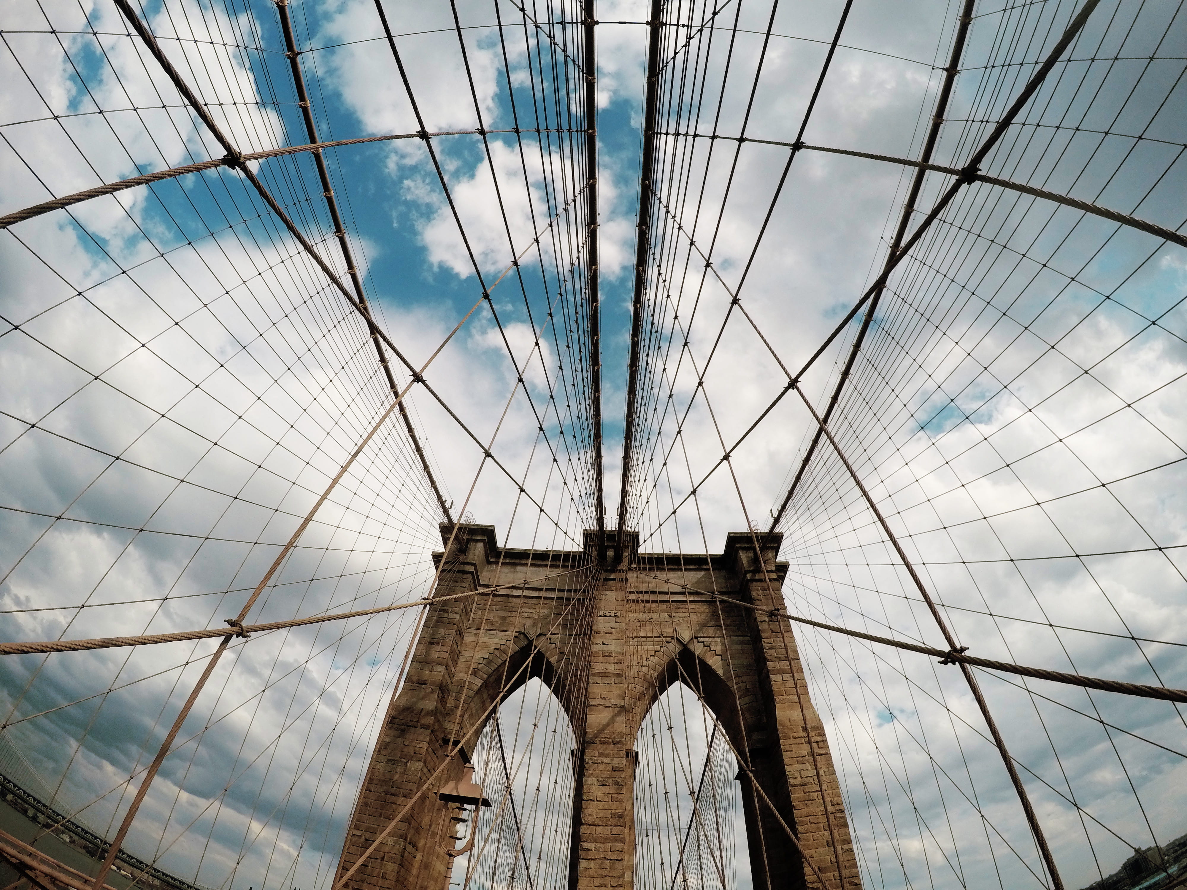 low angle view, sky, cloud - sky, architecture, nyc, brooklyn, bridge - man made structure, tourism, built structure, outdoors, nature, city, 4K, united states, HD Wallpaper