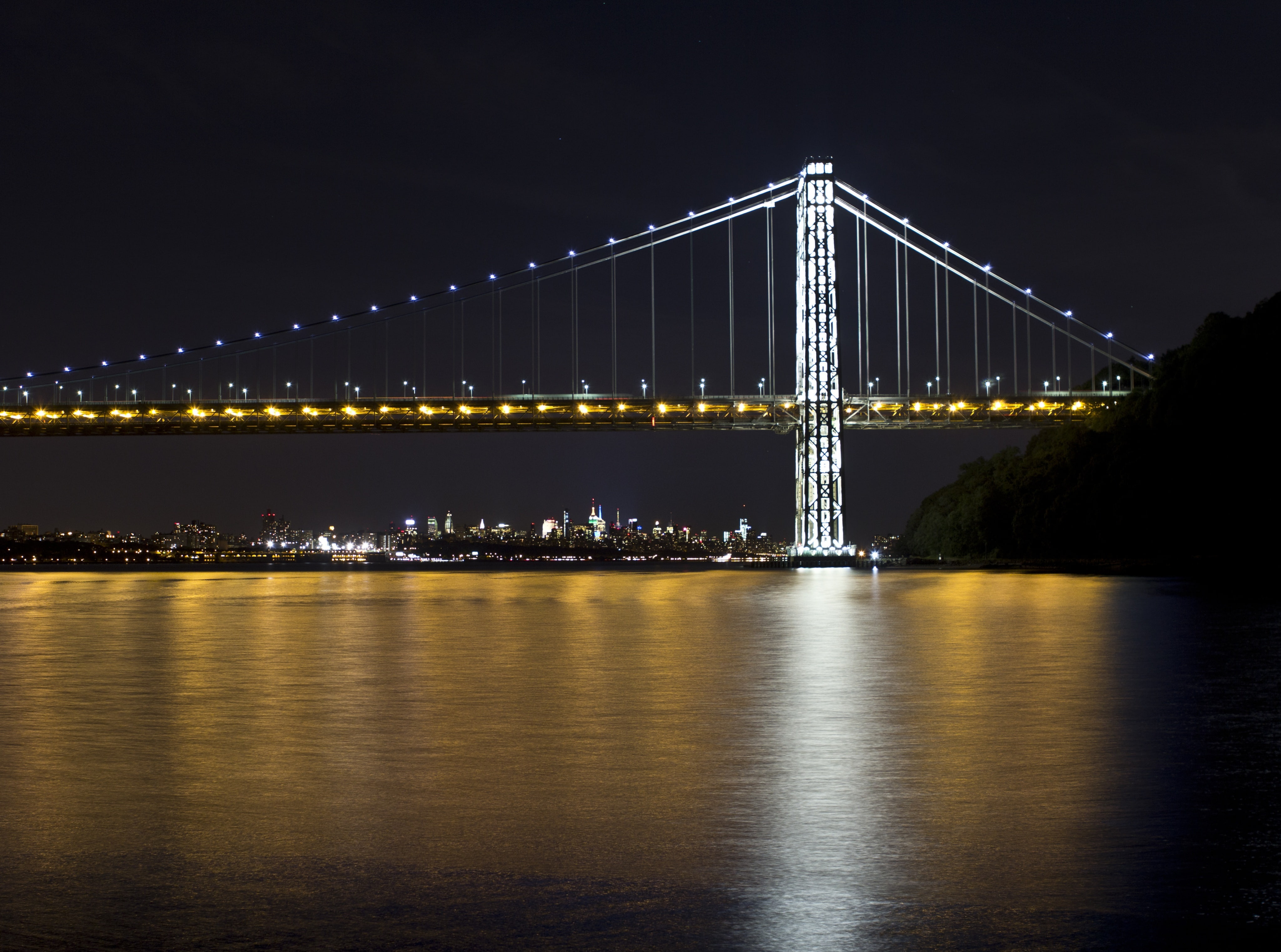 nature, sky, washington, river, city, reflection, bridge - man made structure, illuminated, Bridge, 4K, litup, georgewashingtonbridge, travel destinations, HD Wallpaper