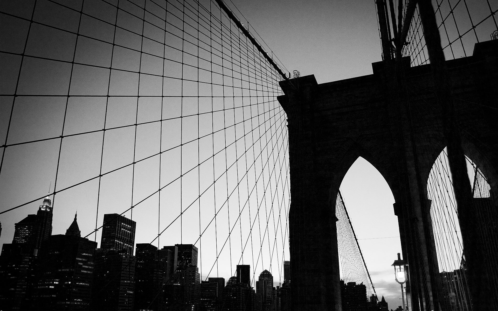 bridge, grey, brooklynbridge, photography, night, sky, architecture, newyorkcity, cityscape, 1080P, black, blackandwhite, HD Wallpaper