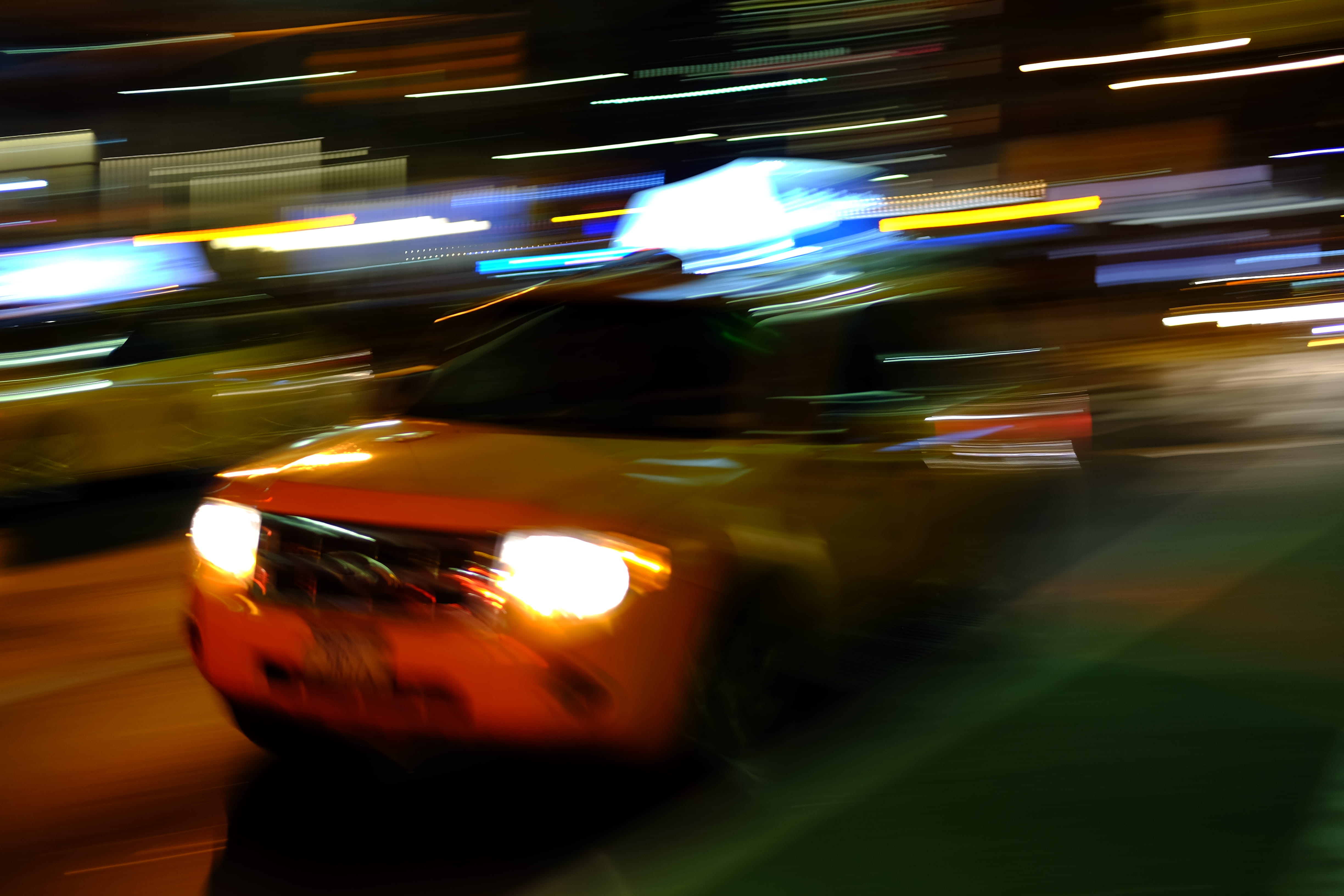 night, lamp, motor vehicle, motion, land vehicle, car, blur, lighting equipment, city life, depth, road, united states, urban, yellowcab, blurred motion, HD Wallpaper