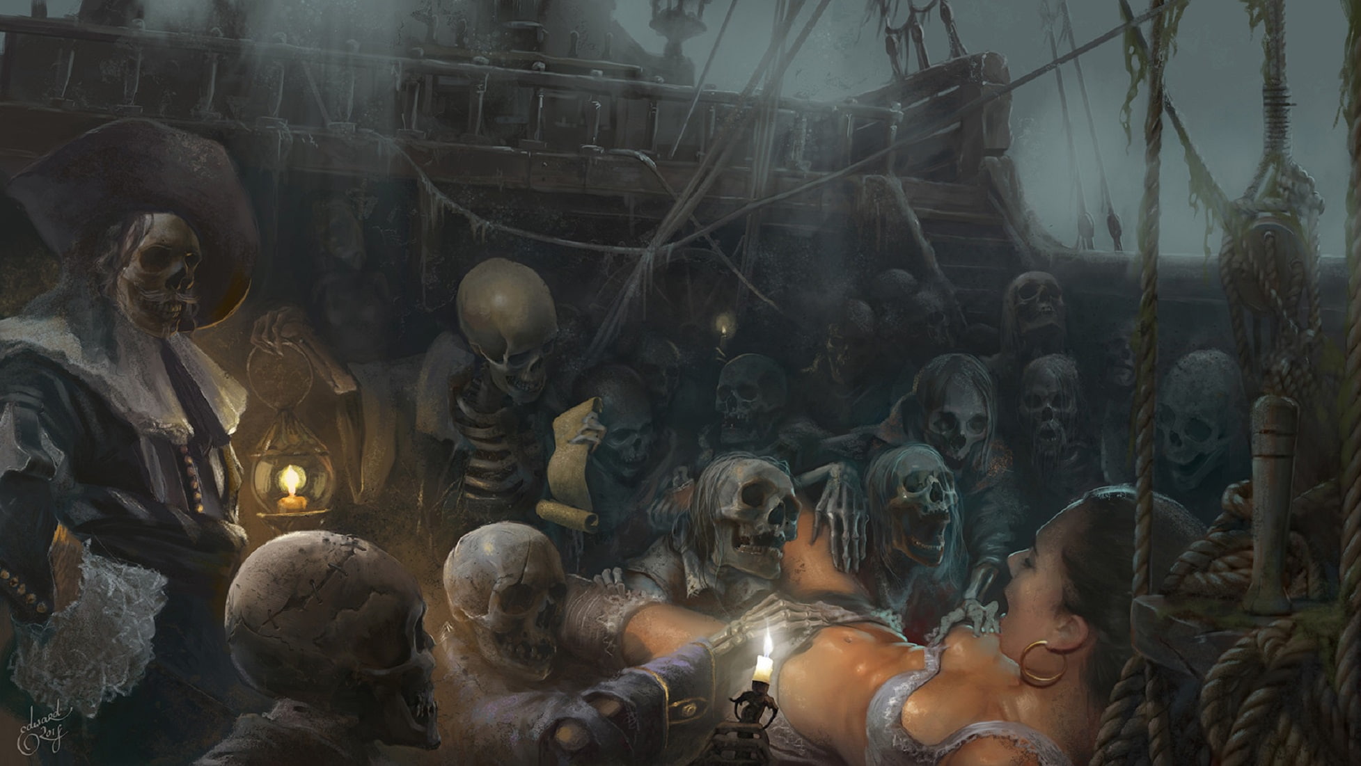 Corsairs: Black label, fear, the victim, candles, skeletons, Black Sun, on the ship, The Flying Dutchman, bones, pirates, Edward Halmuzaev, 1080P, HD Wallpaper