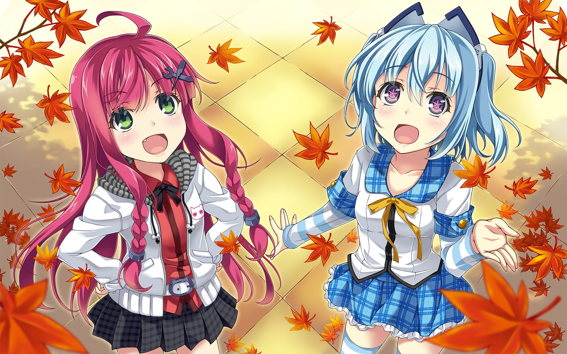1000-chan, girls, real people, cute, blue hair, school uniform, redhead, innocence, creativity, standing, waist up, women, anime, celebration, representation, HD Wallpaper