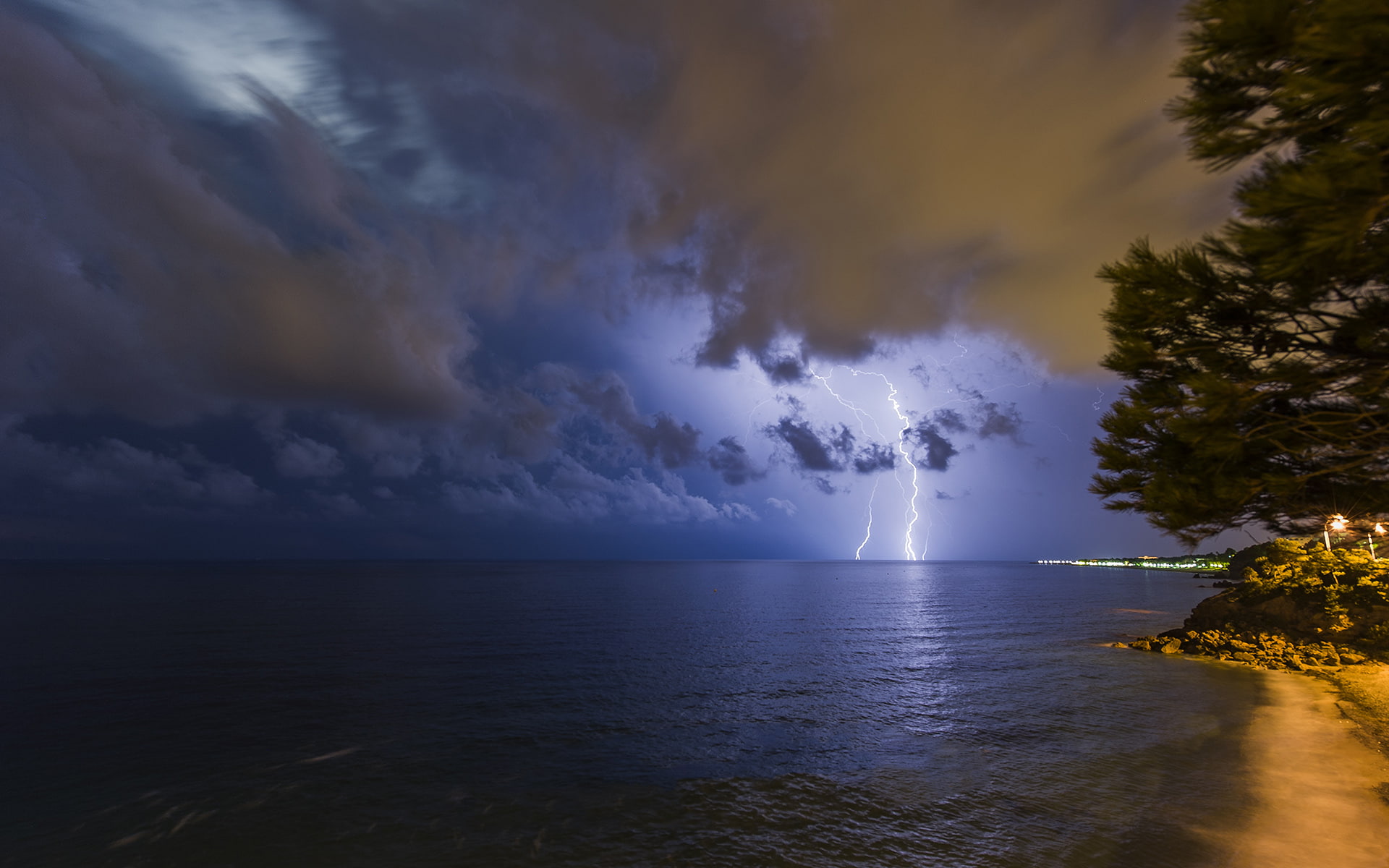 hd, nature, storm, lightning, 1080P, night, ocean, clouds, HD Wallpaper