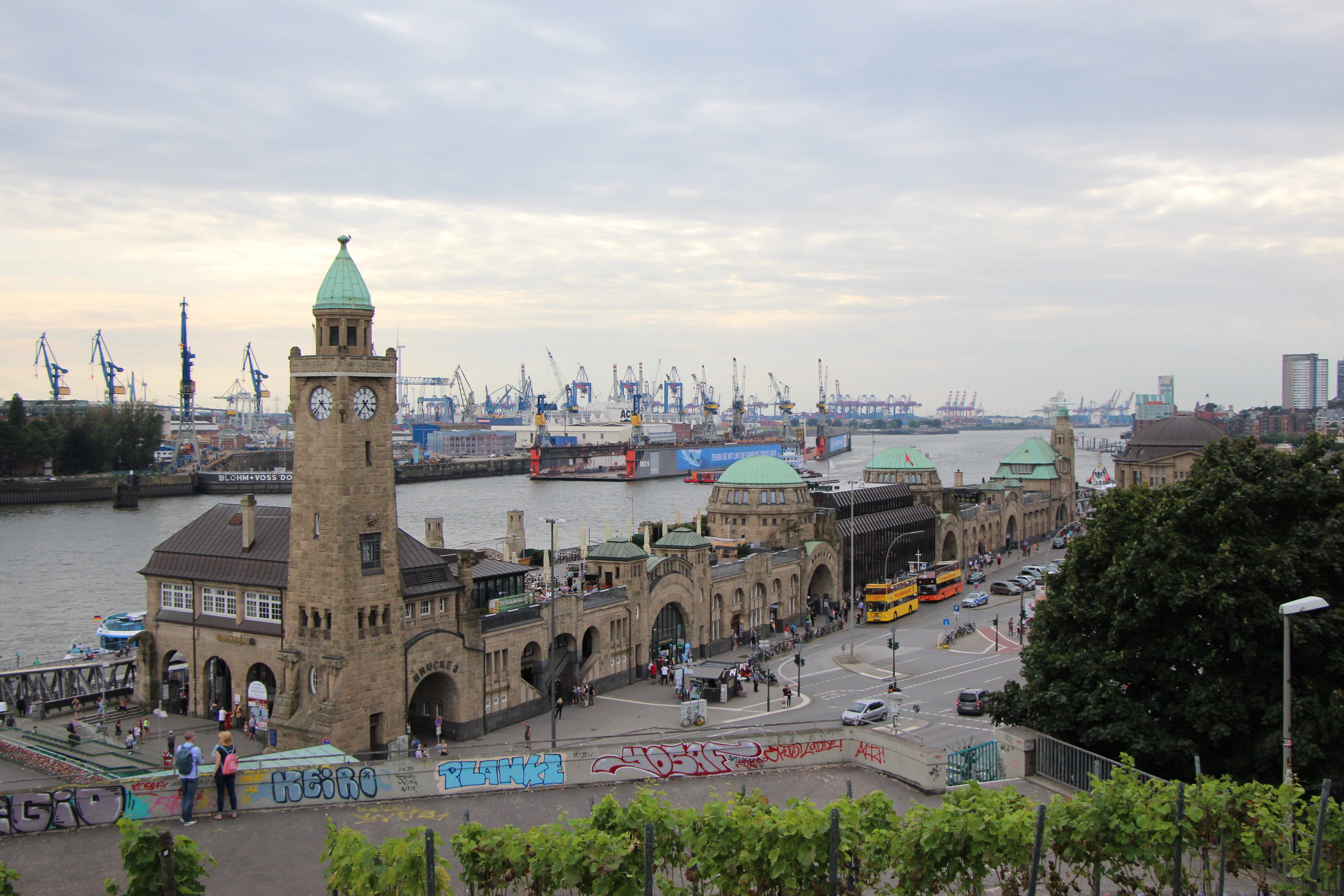 architecture, religion, city, water, maritime, cityscape, building exterior, elbe, nature, 5K, cloud - sky, hamburg landungsbrücken, hamburg, port city, HD Wallpaper