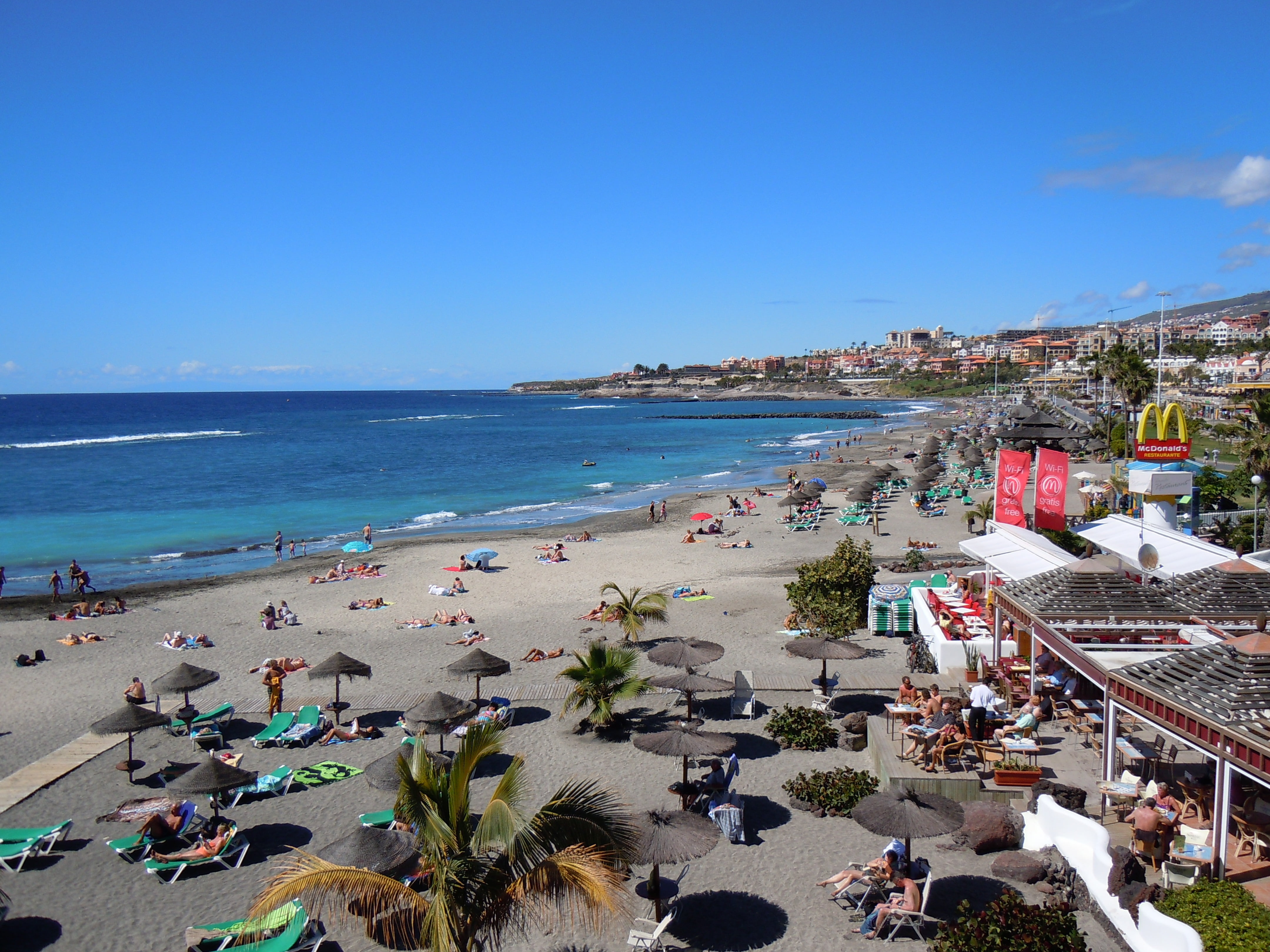 holiday, vacations, large group of people, blue, sunbathing, maritime, sky, 4K, spain, horizon over water, clear sky, plant, sun, tropical climate, tenerife, HD Wallpaper