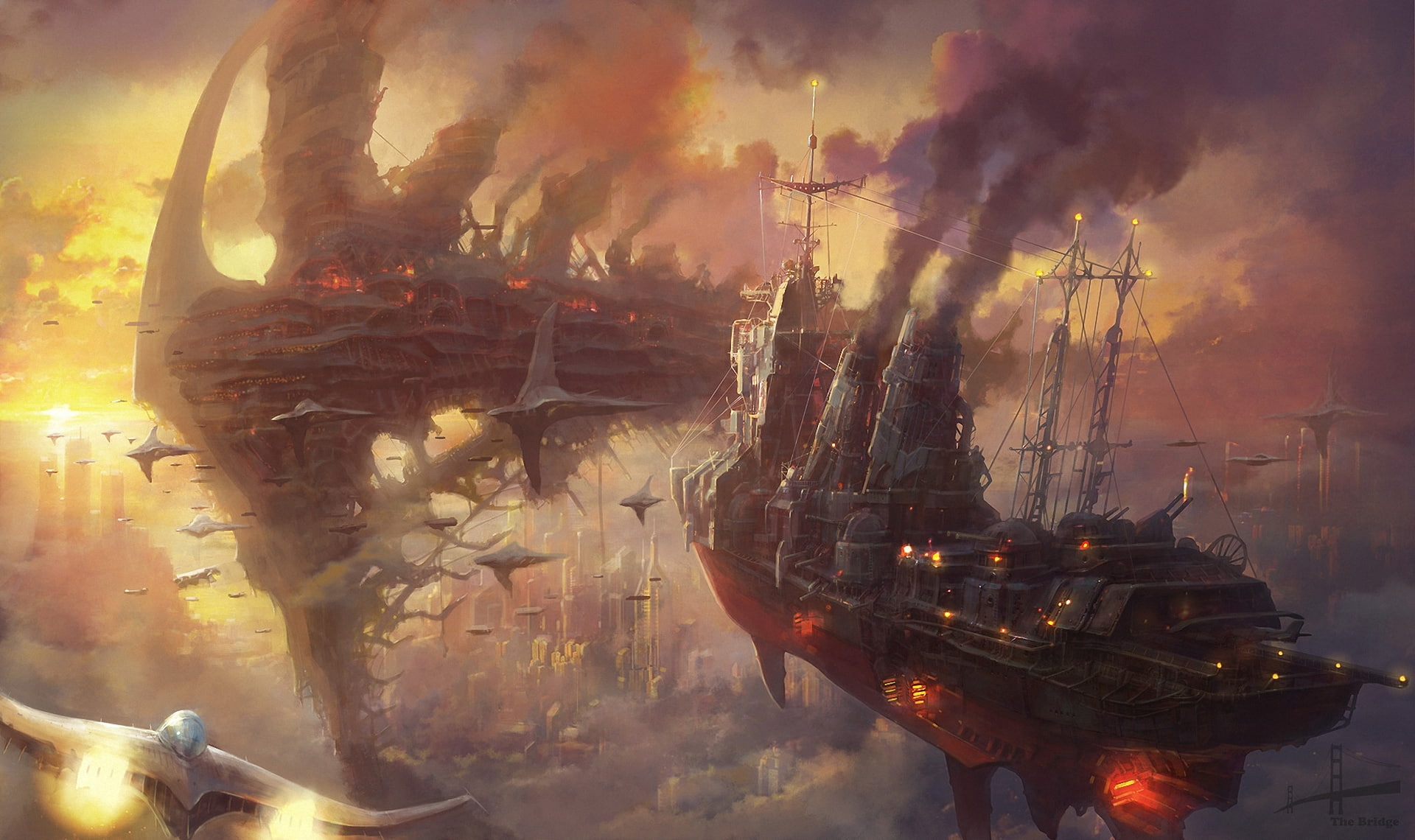 sunset, steampunk, in the sky, the city, Minseub Young, 1080P, smoke, ships, art, clouds, Armada, HD Wallpaper