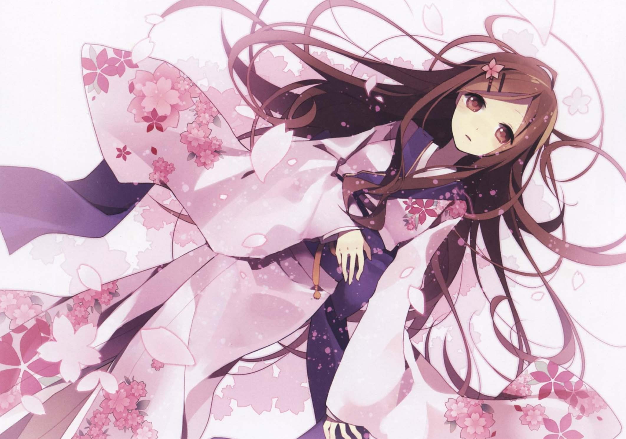 1080P, anime girls, traditional clothing, original characters, kimono, brunette, HD Wallpaper