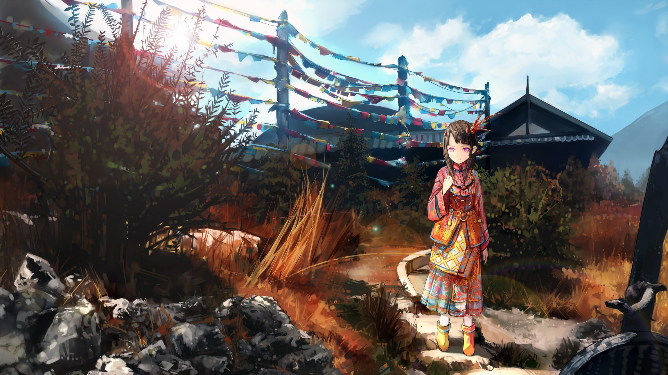 religion, sunlight, cloud - sky, sky, original characters, real people, nature, arts culture and entertainment, 1080P, tree, architecture, built structure, HD Wallpaper