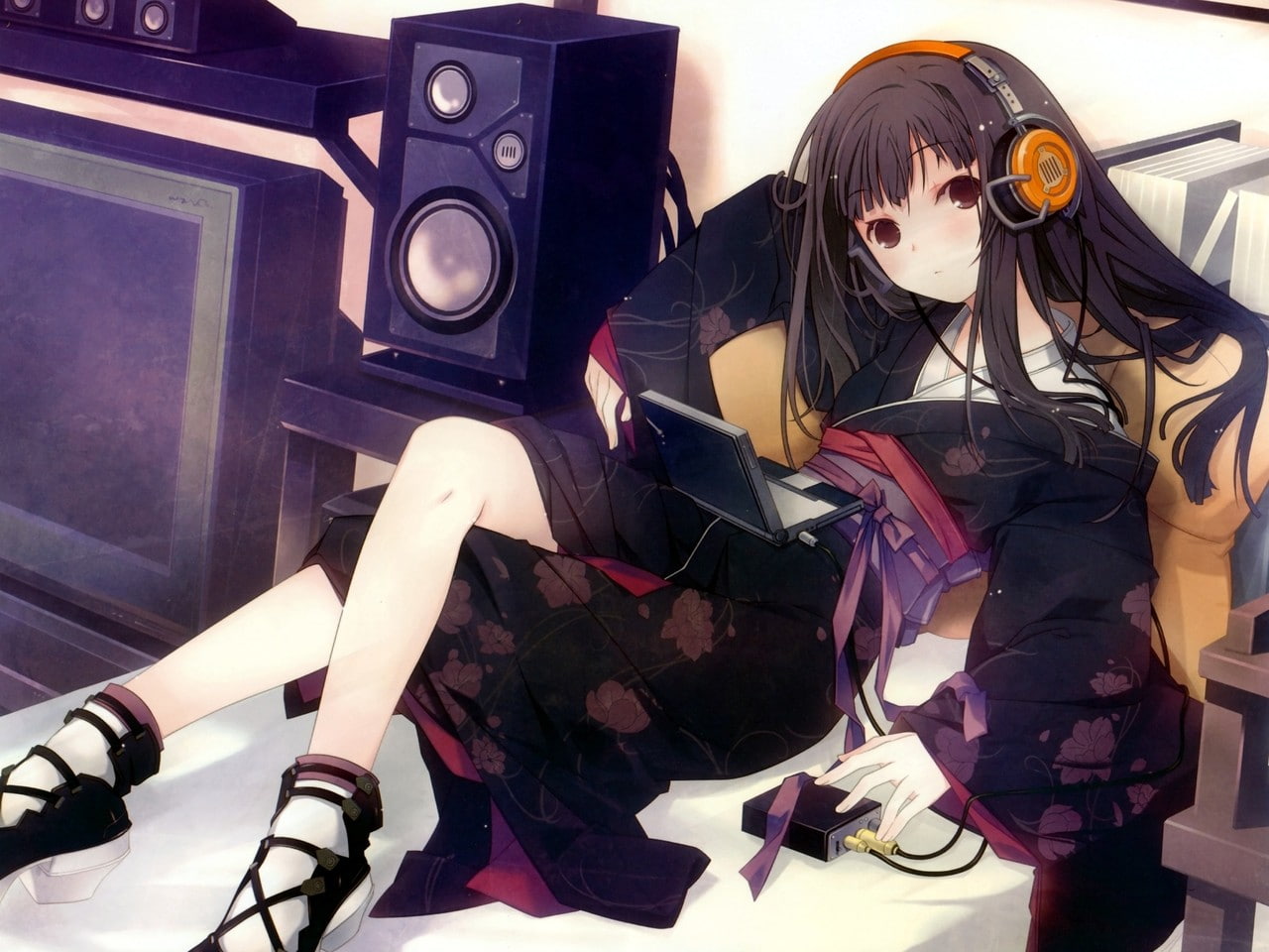 original characters, traditional clothing, 720P, anime, headphones, HD Wallpaper
