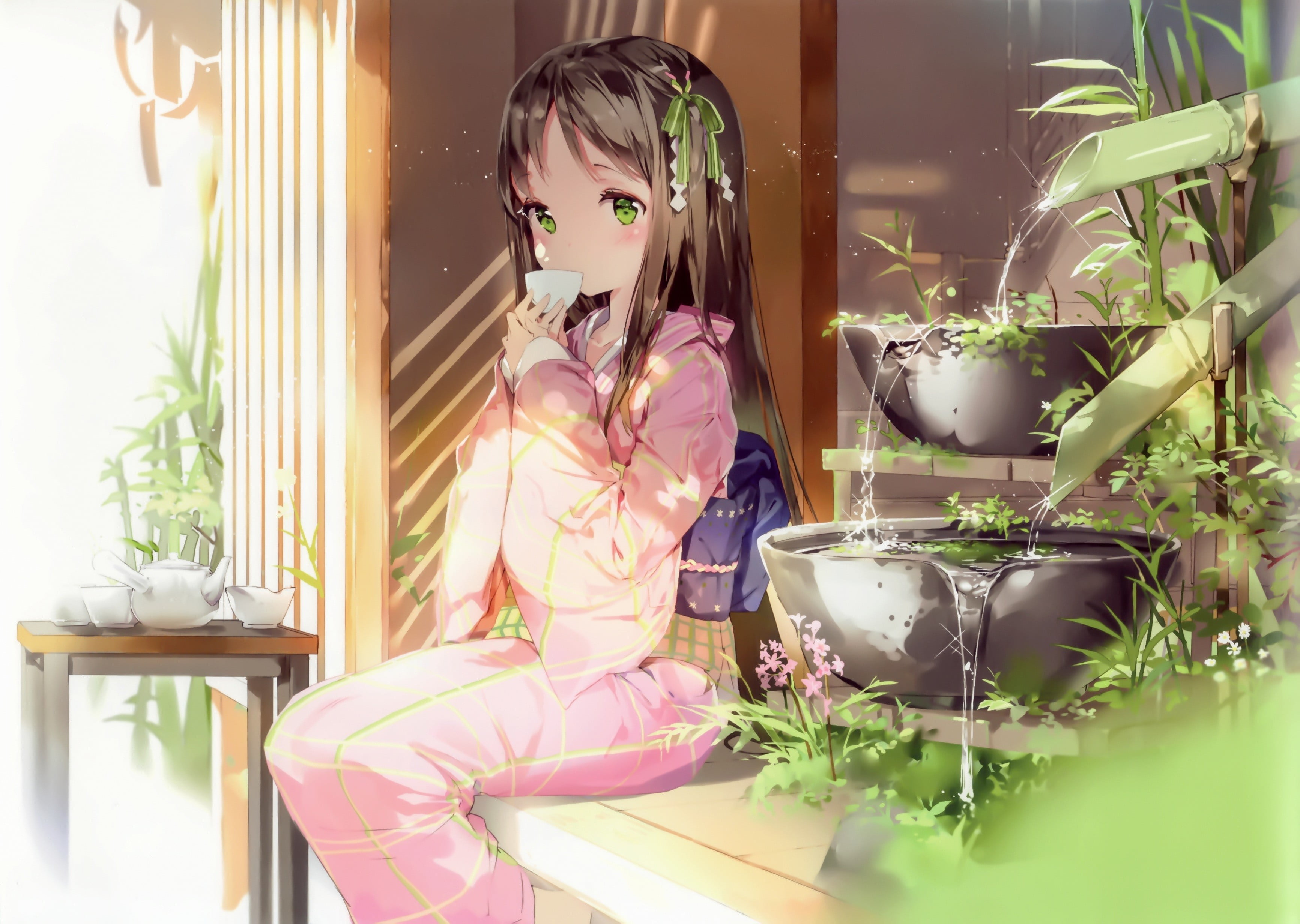 childhood, potted plant, home interior, indoors, leisure activity, looking, anime girls, females, one person, lifestyles, casual clothing, plant, girls, HD Wallpaper