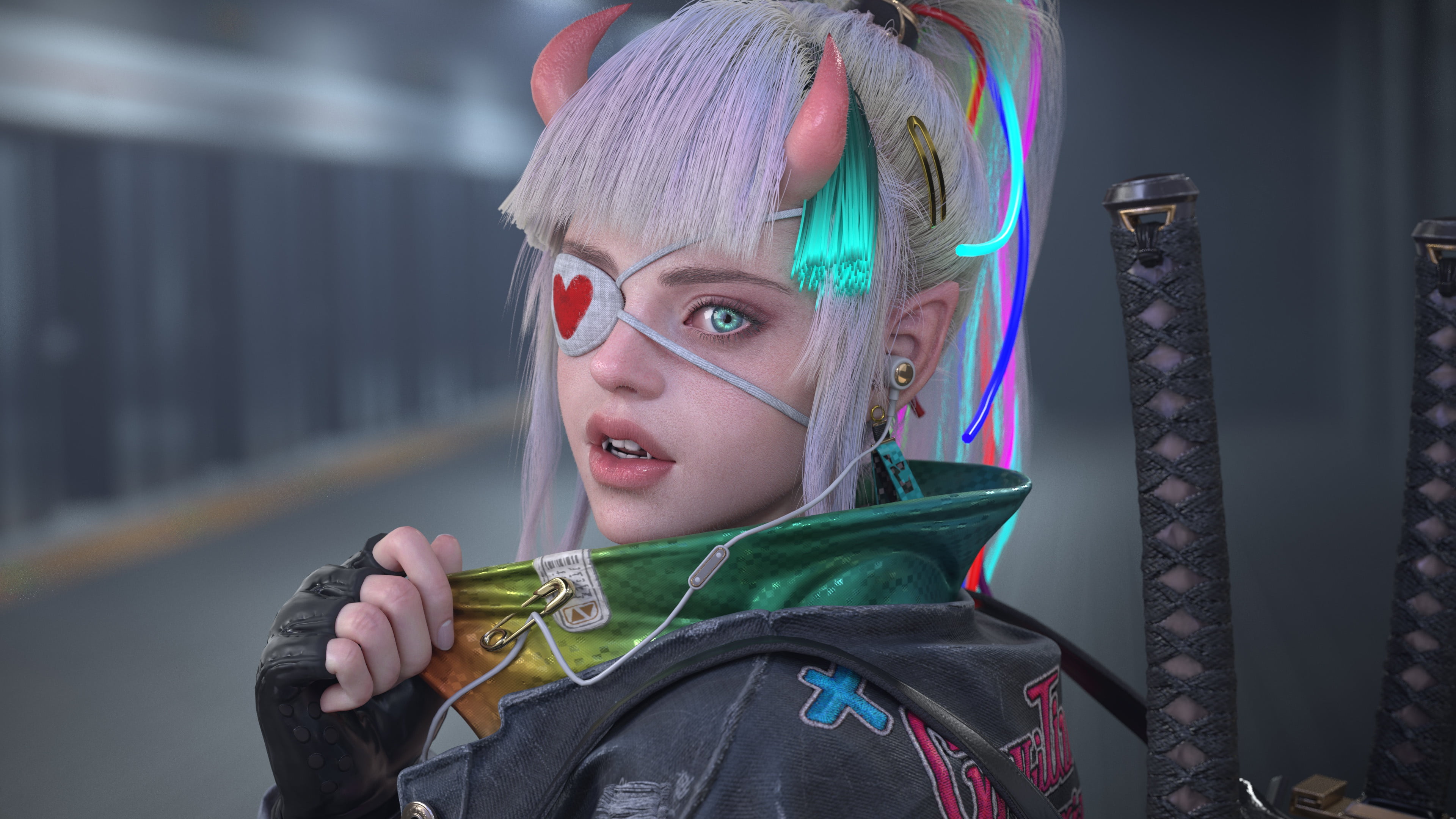 eye patch, 3D, horns, CGI, render, girls with swords, anime, sword, 4K, eyepatches, HD Wallpaper
