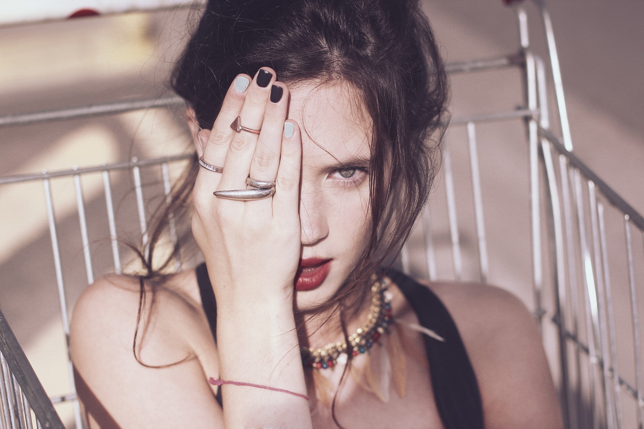 black nails, looking at viewer, red lipstick, brunette, open mouth, women, shopping cart, 1080P, HD Wallpaper