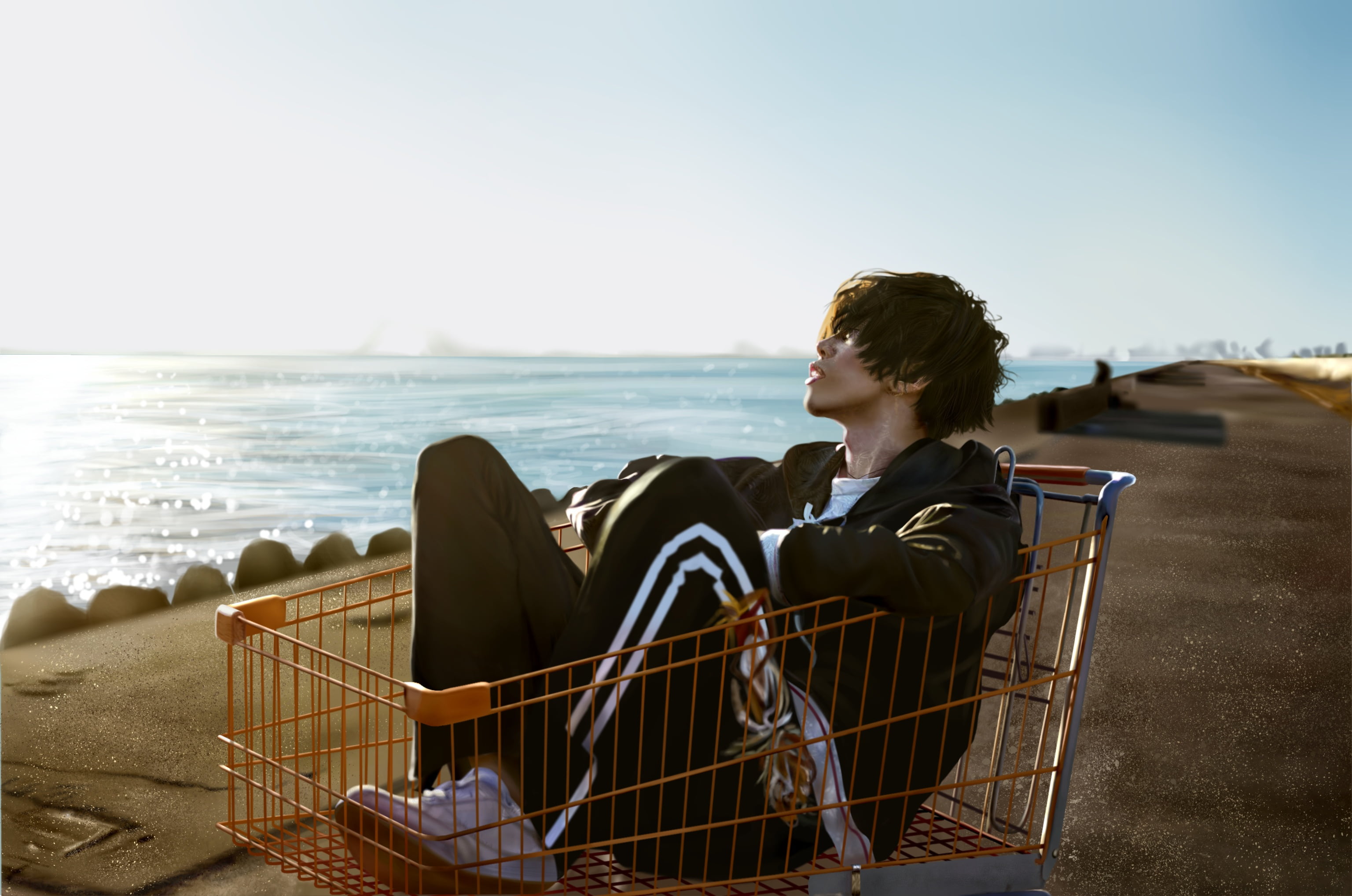 Kenshi Yonezu, Musicians, Singer, Shopping Cart, 2K, Sea, Japanese, HD Wallpaper