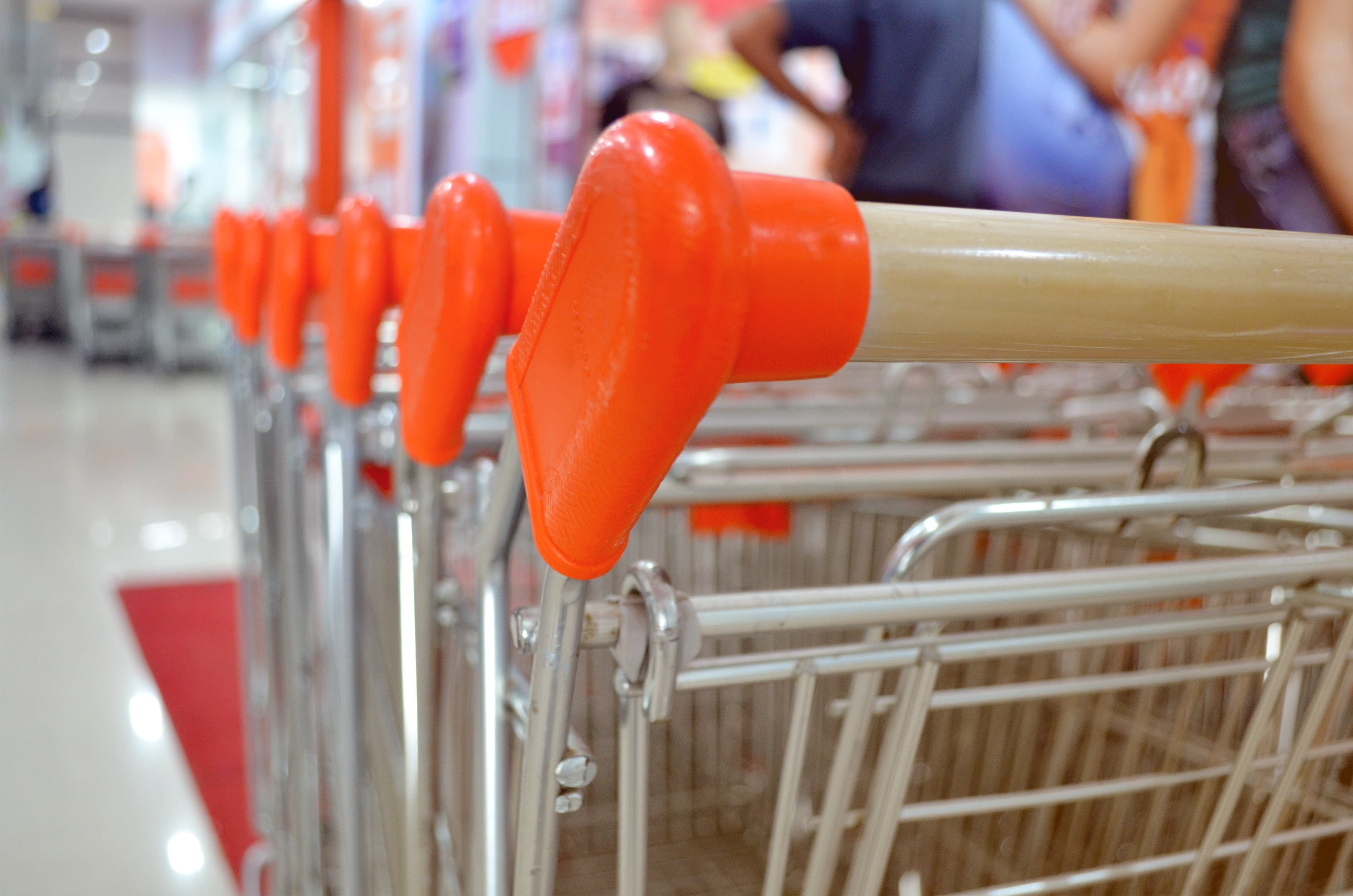 shopping cart, focus on foreground, industry, metal, people, carts, supermarket, shopping, in a row, factory, indoors, alloy, 2K, production line, working, HD Wallpaper