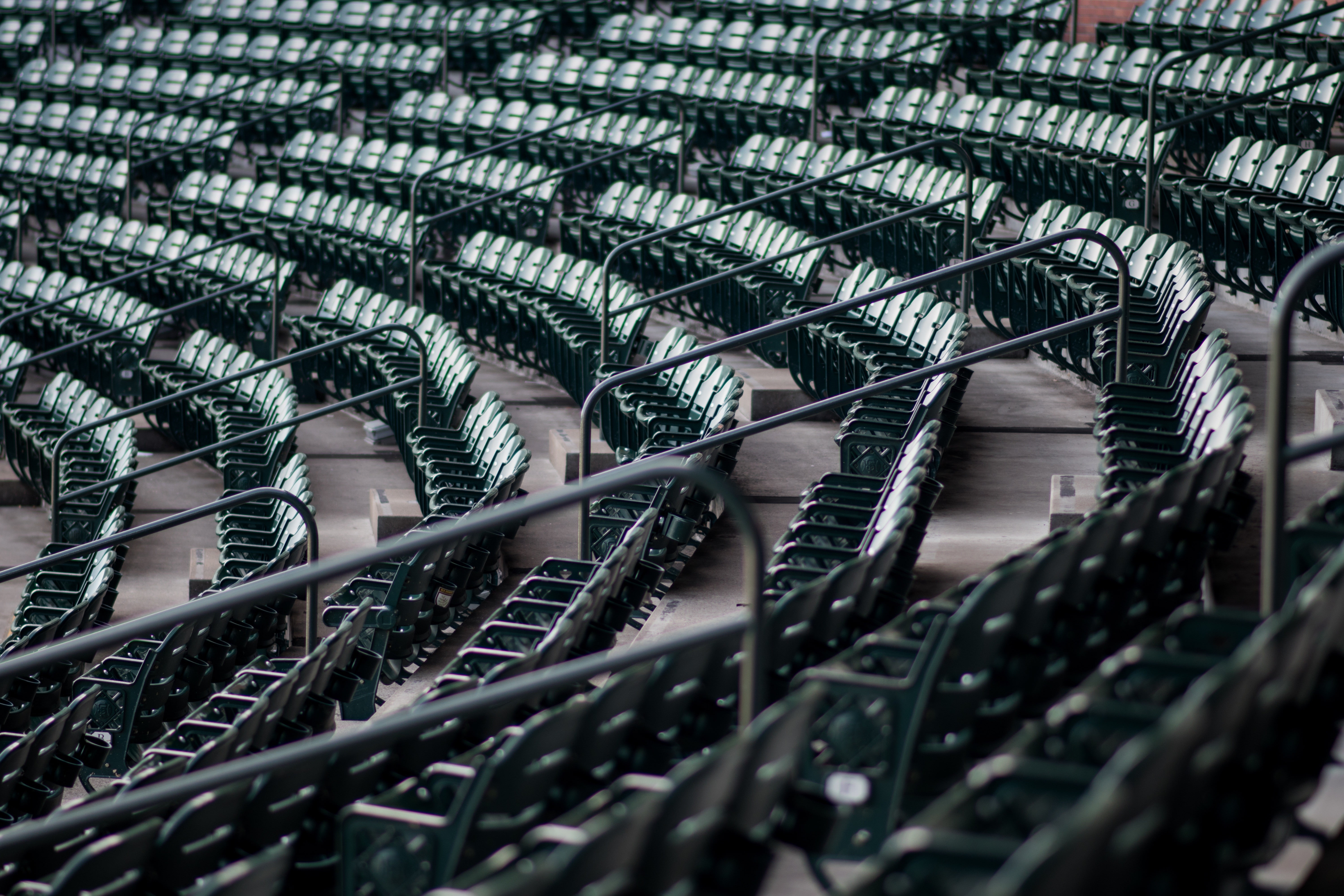 close-up, metal, stadium, large group of objects, consumerism, repetition, indoors, depth of field, pattern, shopping cart, bench, chair, 5K, backgrounds, HD Wallpaper