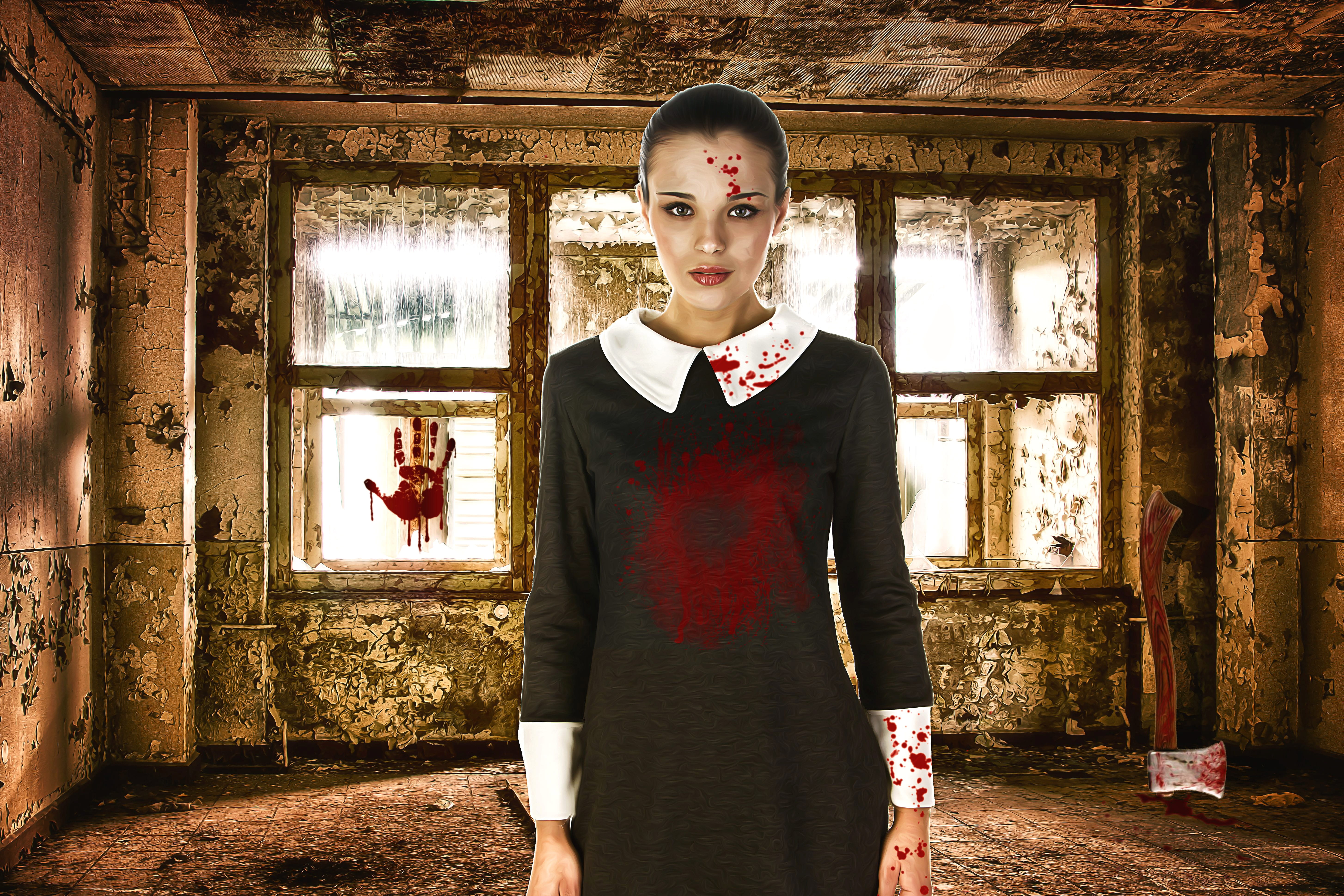 gothic, hairstyle, death, axe, front view, female, black, architecture, indoors, girls, bloody, beauty, teenager, woman, three quarter length, dress, bloody hand print, HD Wallpaper
