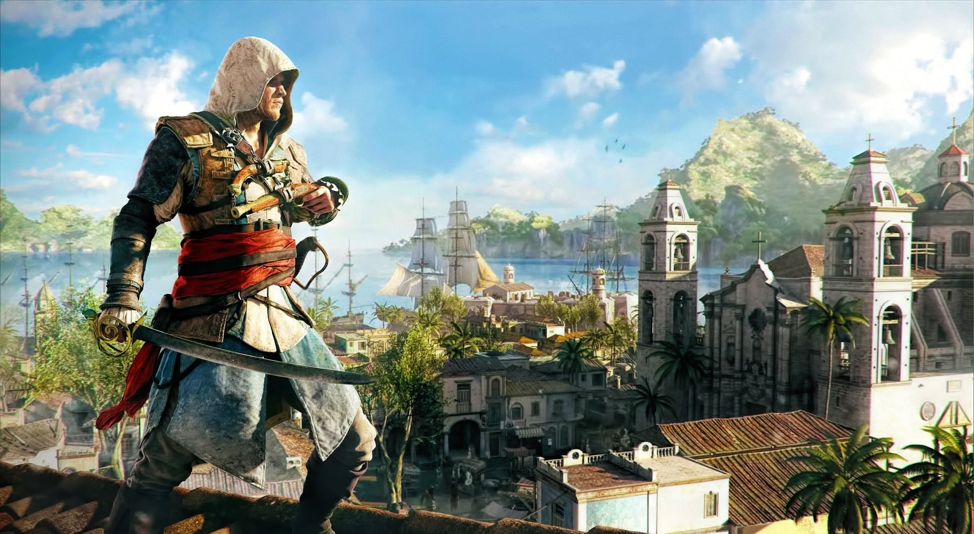 real people, male likeness, art and craft, architecture, sky, the past, iv, creed, building, Assassins Creed, assassins creed iii, assassins, flag, people, HD Wallpaper