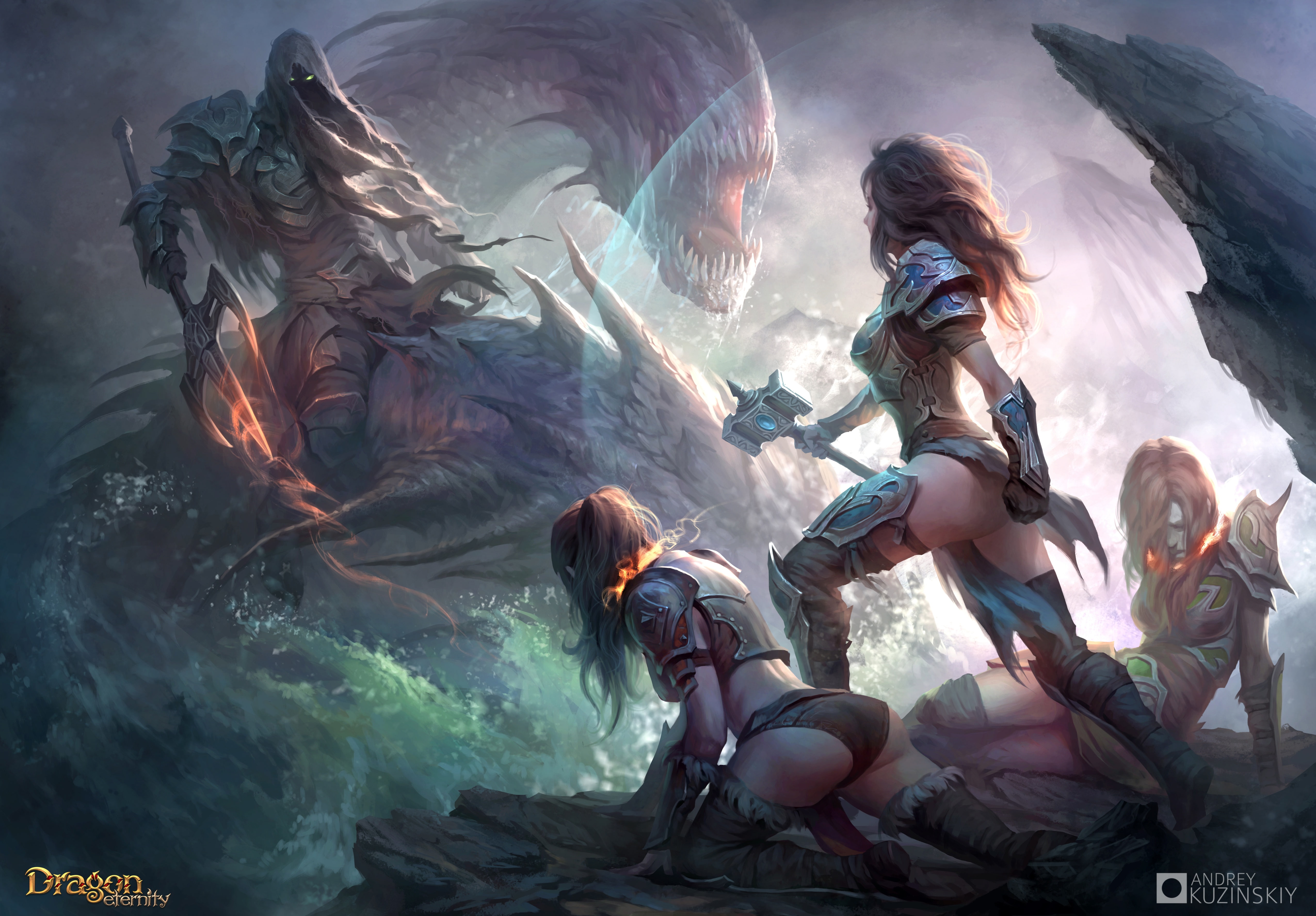 the demon, warrior, dragon, Dragon Eternity, 4K, art, Dragons Of Eternity, Andrew Kosinski, girls, HD Wallpaper